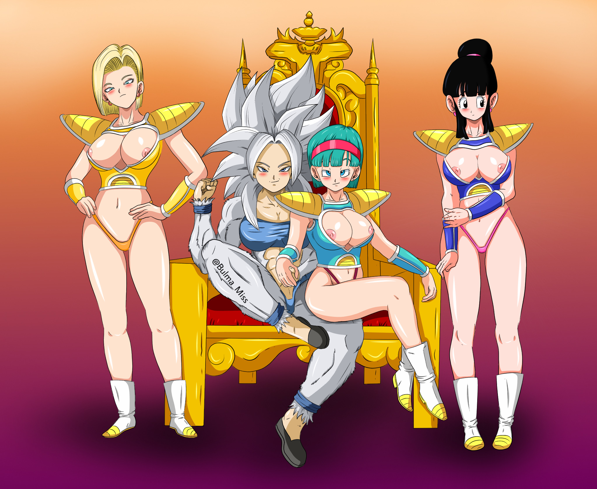 alternate costume, android 18, artist request, battle armor, black hair, blonde hair, blue hair, blush, breasts, bulma, bulma briefs, bulma briefs (frieza saga), chichi, cleavage, cleavage cutout, clothing, commission, corruption, dragon ball, dragon ball gt, dragon ball super, dragon ball xenoverse, dragon ball z, female, female only, harem, imminent sex, large breasts, light skin, light-skinned female, looking at viewer, lunna, mind control, multiple females, multiple girls, nipple slip, oc, original character, revealing clothes, saiyan armor, saiyan tail, slave, slave girl, super saiyan 4, super saiyan 5, thick thighs, thong, throne, transformation