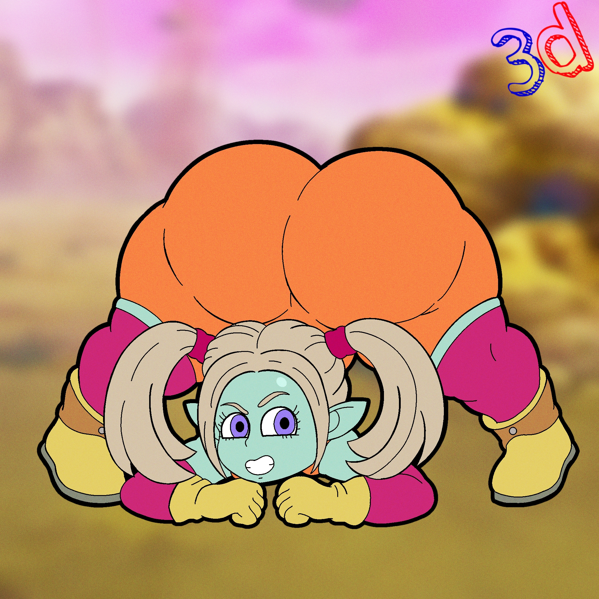 1girls, 3d glasses shorty, ass bigger than body, ass bigger than head, ass focus, big ass, big butt, big butt (female), big hipped, big hips, blue skin, clothing, dragon ball, dragon ball daima, dragon ball z, female, female focus, huge ass, huge butt, jack-o pose, looking at viewer, panzy (dragon ball daima), plump ass, purple eyes, short hair, shortstack, smile, solo, thick thighs, thunder thighs, white hair