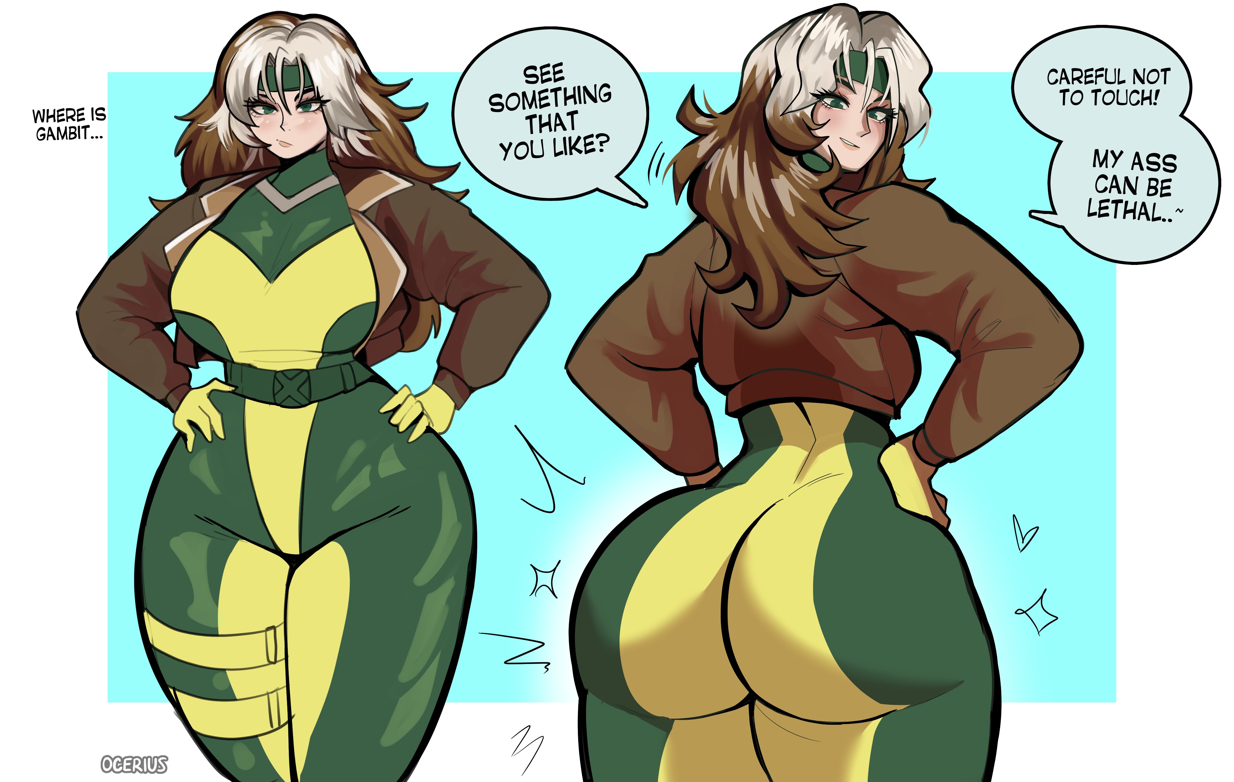 1girls, anna marie, ass, back view, big ass, big butt, breasts, brown hair, butt, butt focus, caucasian, caucasian female, clothed, dat ass, dialogue, english text, female, female only, green eyes, huge ass, legs, light-skinned female, marvel, medium breasts, medium hair, multicolored background, multicolored hair, ocerius, rogue (x-men), skin tight, solo, solo female, solo focus, southern, standing, text, text bubble, thick legs, thick thighs, tight clothing, voluptuous, white hair, wide hips, woman, woman only, x-men