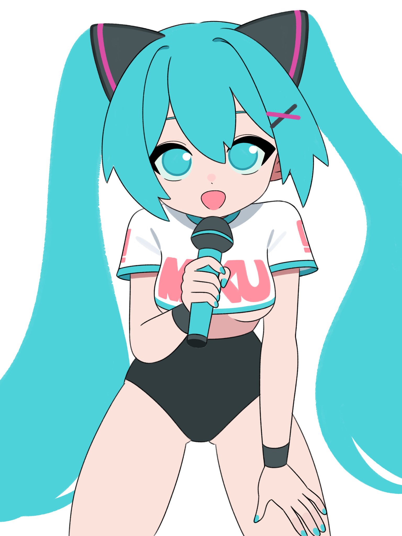 :d, 1girl, alternate costume, aqua eyes, aqua hair, aqua nails, aqua necktie, bangs, black arm warmers, black leotard, black thighhighs, blue eyes, breasts, cowboy shot, crop top, deformed, female, full body, grey shirt, hair ornament, hatsune miku, highres, hochihochiha, hochihochihavocaloid, holding, holding microphone, leotard, long hair, looking at viewer, medium breasts, microphone, nail polish, necktie, open mouth, shirt, short sleeves, sidelocks, simple background, sleeveless, sleeveless shirt, smile, solo, thighhighs, twintails, underboob, very long hair, white background, white shirt, wristband, x hair ornament
