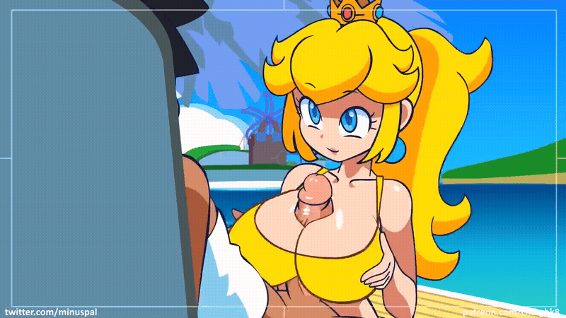 1boy, 1girl, 1girls, animated, animated gif, artist self-insert, beach, bikini, black hair, blonde hair, blue earrings, blue eyes, blush, bob cut, bouncing breasts, breasts, chocolate and vanilla, cloud, cloudy sky, collarbone, cum, cum on body, cum on breasts, cum on upper body, curvy, dark-skinned male, earrings, ejaculation, eyelashes, facial, fellatio, female, happy sex, heart-shaped pupils, hetero, high ponytail, hill, jewelry, jiggle, large breasts, large penis, licking, licking penis, lips, long hair, mario (series), minus8 (character), minuspal, nintendo, oral, paizuri, paizuri under clothes, penis, ponytail, princess, princess peach, s, sky, sphere earrings, super mario sunshine, tank top, tongue, tongue out, trembling, veiny penis, white tank top, windmill, yellow bikini