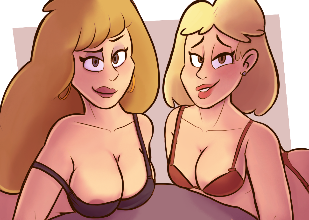 2girls, artist request, bra, clarence, cleavage, collarbone, crossover, earrings, female, lipstick, looking at viewer, milf, multiple females, multiple girls, nipples visible through clothing, pov, rita loud, straight hair, the loud house, tinona sumouski, white background