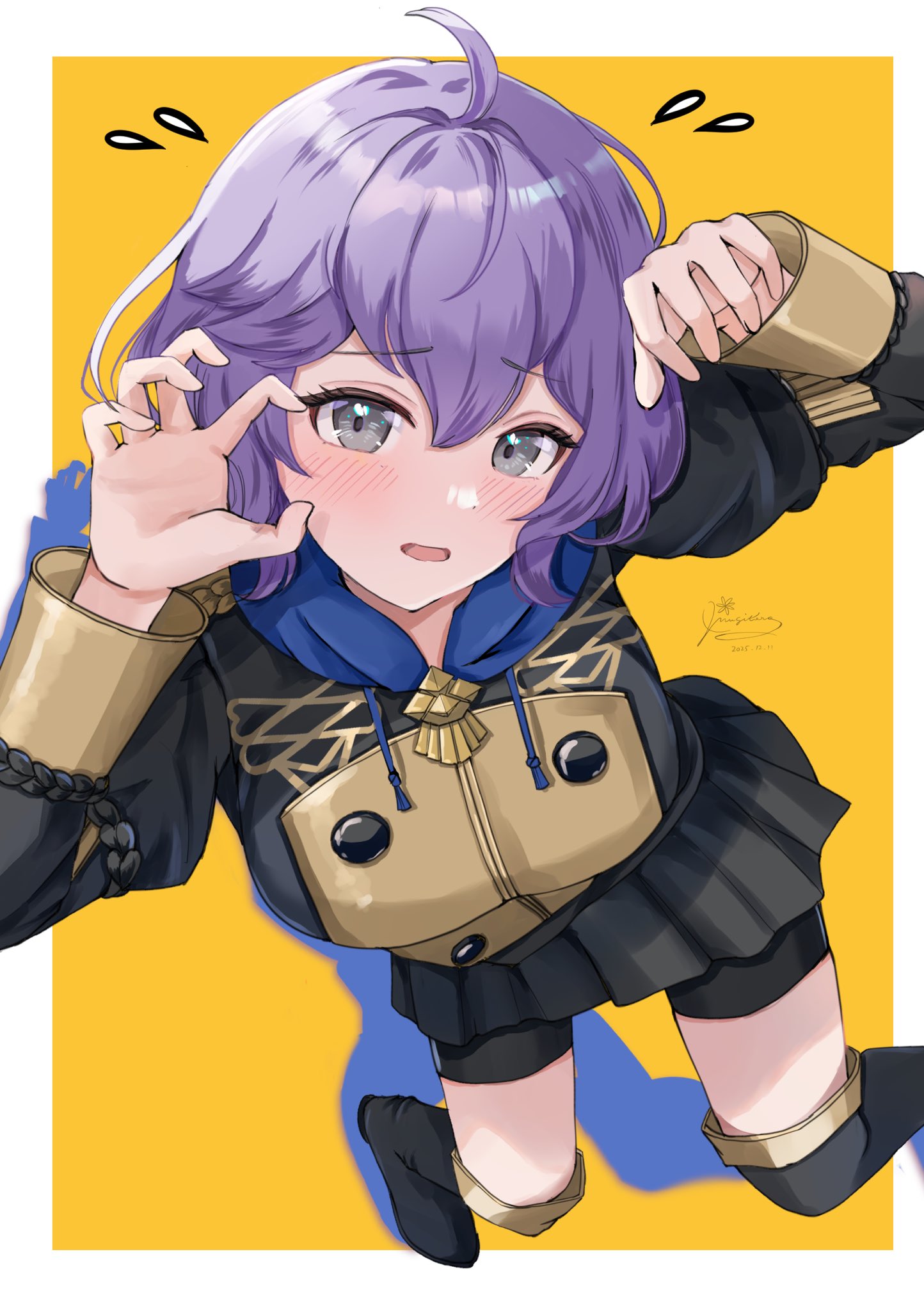 1girls, ahoge, bernadetta von varley, big breasts, black boots, black shorts, black skirt, blush, boots, breasts, claw pose, female, female only, fire emblem, fire emblem: three houses, from above, garreg mach monastery uniform, grey eyes, highres, long sleeves, looking at viewer, looking up, medium breasts, mugitoro (dsfv2277), nintendo, open mouth, purple hair, short hair, shorts, shorts under skirt, simple background, skirt, solo, teenage girl, teenager, thigh boots, thighs
