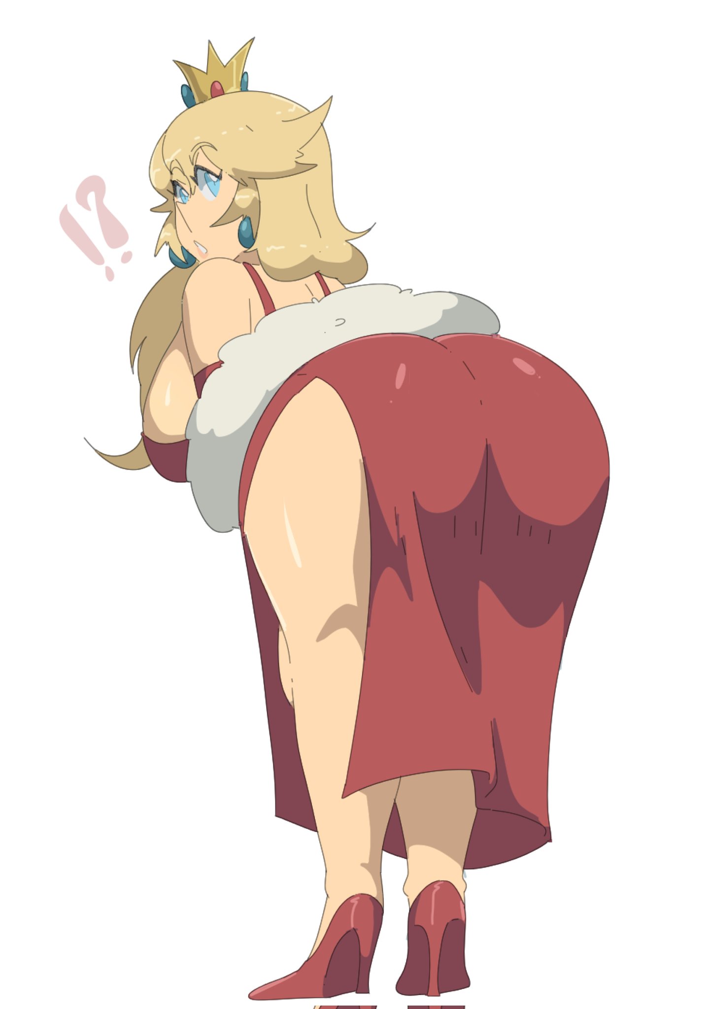 !?, 1girls, ass, bending over, blonde hair, blue earrings, blue eyes, breasts, crown, dress, earrings, female, gold crown, heels, large ass, large breasts, leedraw11, long hair, looking at viewer, looking back, looking back at viewer, mario (series), nintendo, princess peach, princess peach (all-stars commercial), red dress, red footwear, red heels, side slit, side slit dress, simple background, thick thighs, thighs, white background