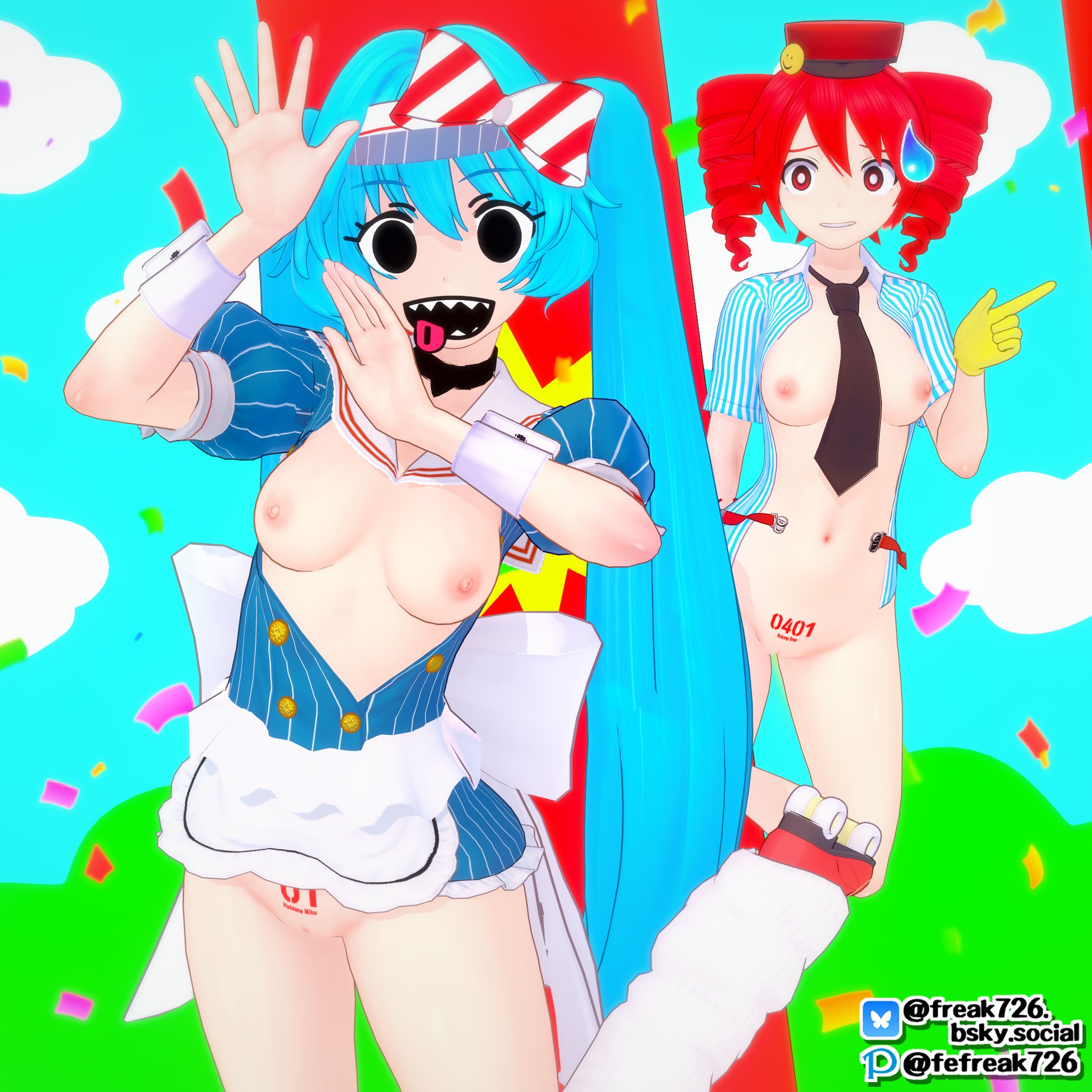 2girls, 3d, alternate version at source, apron, areolae, belly, black eyes, black necktie, blouse, blue hair, body writing, bottomless, bow, breasts, breasts out, choker, cleft of venus, clothed, clothed female, clothing, confetti, crazy eyes, crazy female, dance, dancing, drill hair, exposed breasts, exposed legs, exposed nipples, exposed pussy, fefreak726, female, female only, gloves, hair bow, hat, hatsune miku, hypnosis, kasane teto, kasane teto (sv), long hair, looking at viewer, medium breasts, mesmerized, mesmerizer (vocaloid), mesmerizer miku, mesmerizer teto, multiple girls, mv character, navel, necktie, necktie between breasts, nervous, nervous smile, nipples, one leg up, open clothes, open mouth, open shirt, pelvic tattoo, petite, petite body, petite female, piercing, pose, posing, pubic tattoo, puffy short sleeves, pussy, pussy lips, red eyes, red hair, sharp teeth, shirt, short sleeves, simple background, skinny, skinny female, slim girl, slim waist, smile, striped, striped shirt, sweatdrop, synthesizer v, tattoo, teeth, thick thighs, thighs, tongue, tongue out, twin drills, twintails, utau, vagina, very long hair, visor cap, vocaloid, waitress uniform, wide hips