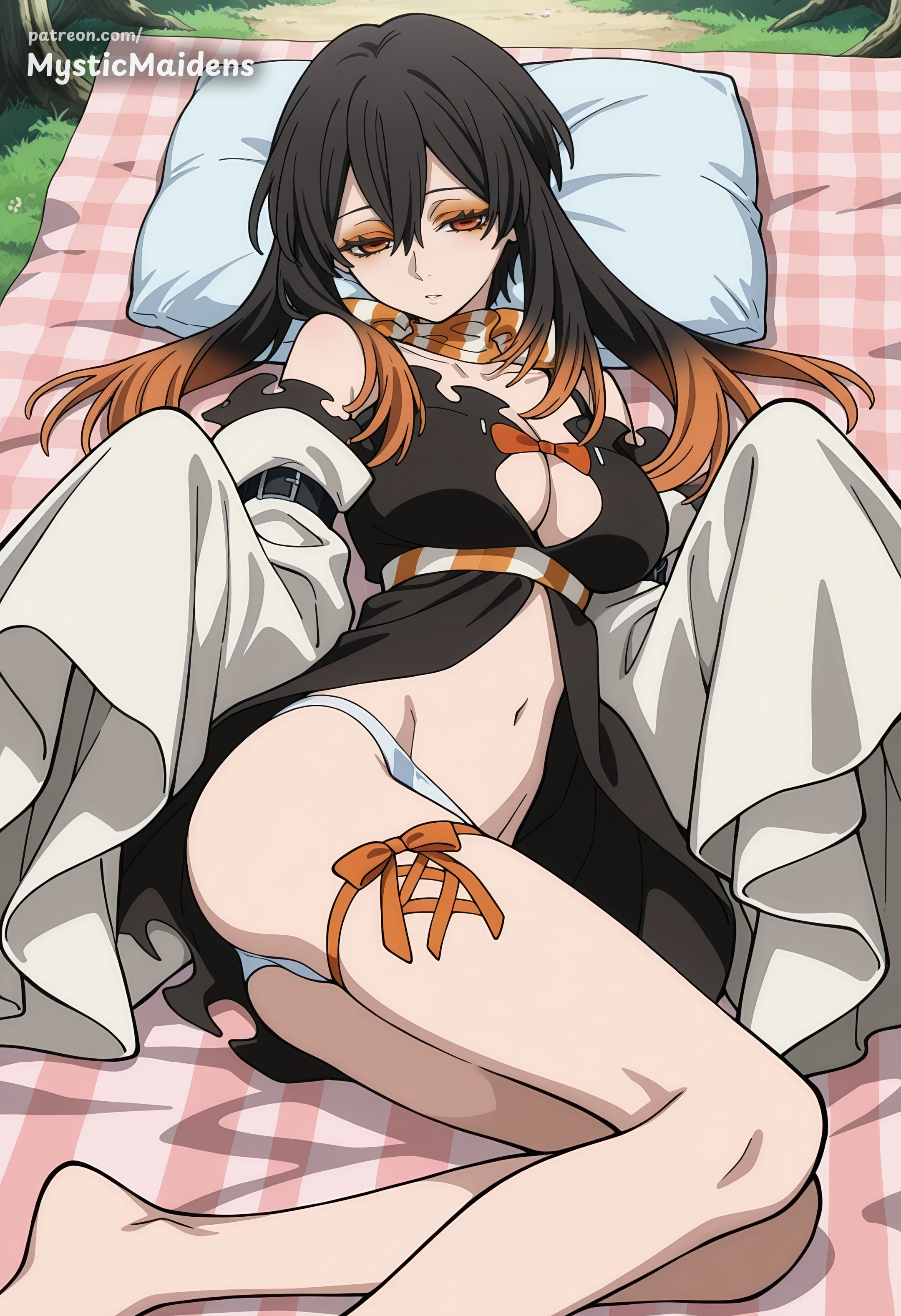 ai generated, amo empool, anime, anime style, artist name, bare shoulders, barefoot, black dress, black hair, blanket, breasts, brown hair, cleavage, detached sleeves, dress, fanbox username, female, gachiakuta, gradient hair, hair between eyes, hentai, hi res, large breasts, long hair, looking at viewer, lying, multicolored hair, mystic maidens, navel, on side, orange eyes, orange hair, panties, patreon, patreon username, pillow, sleeves past fingers, sleeves past wrists, solo, thigh strap, underwear, web address, white panties