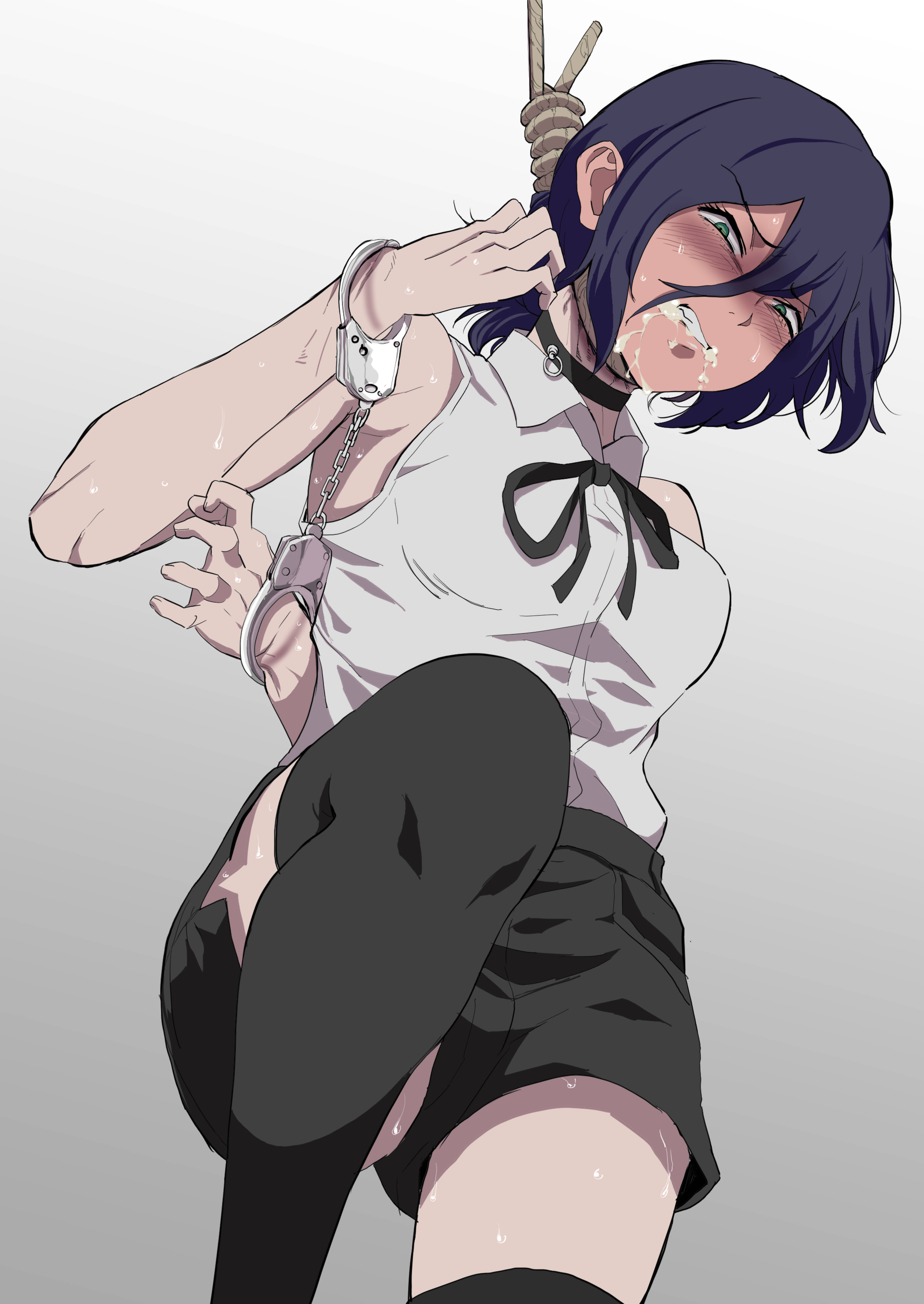 1girls, 2d, 2d (artwork), asphyxiation, chainsaw man, collar, cuff (restraint), female, green eyes, handcuffed, handcuffs, hanged, hanging, imminent death, k s, noose, restraints, reze (chainsaw man), rope, ryona, snuff, solo, white background