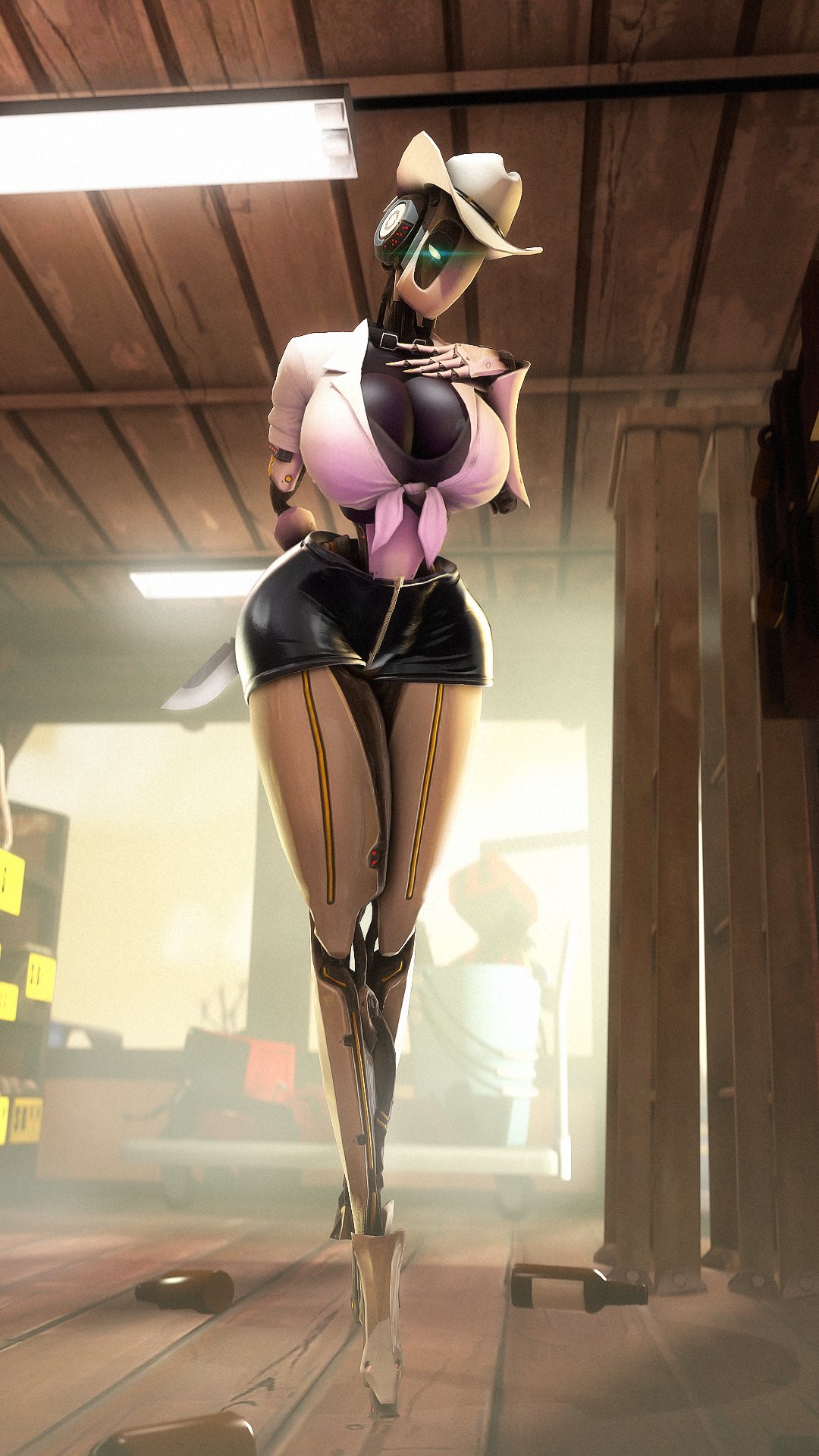 1girls, 3d, 3d (artwork), big breasts, bra, breasts, clothing, female, female only, glados, glados (humanoid), glados (thiccythings), glowing, glowing eye, hat, looking at viewer, portal (series), robot, robot girl, rodler-h8, shirt, skirt, solo, thick thighs, tied shirt, wide hips