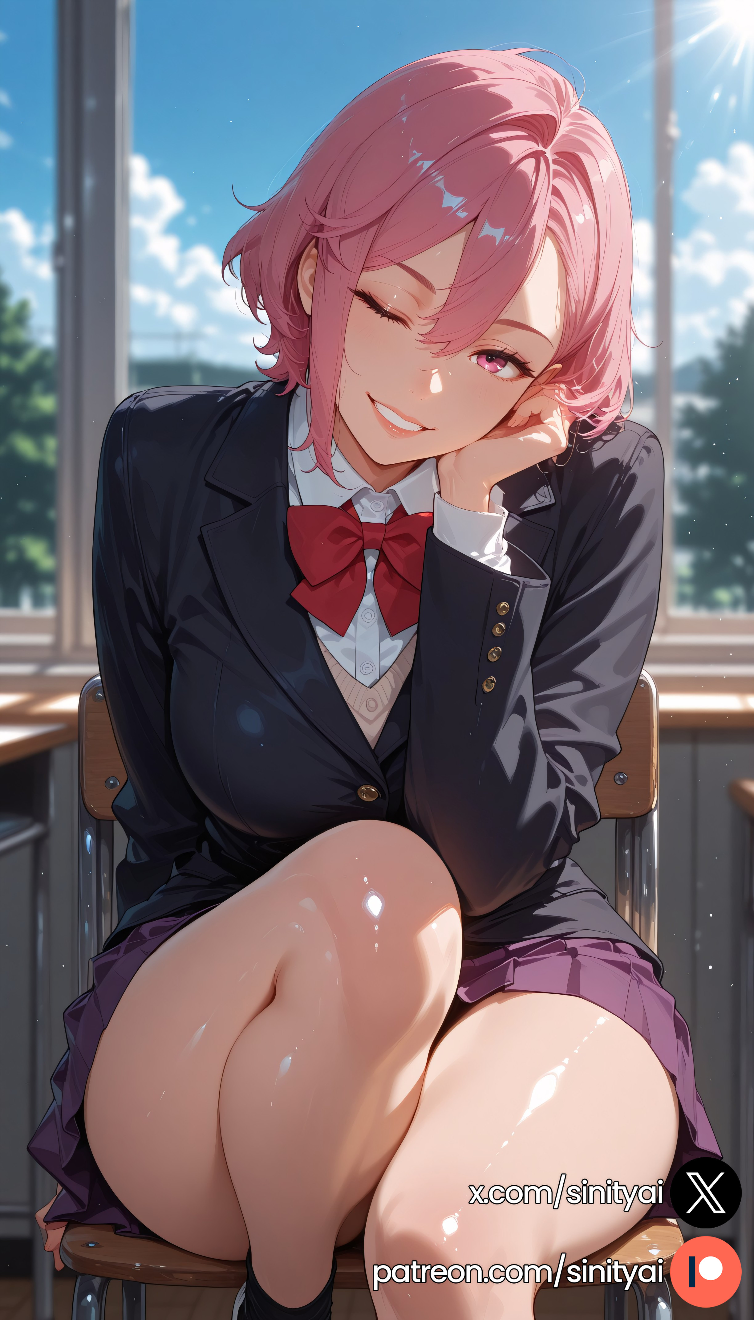1girls, 2025, ai generated, artist name, ass, big ass, big breasts, blurred background, blurry background, bowtie, chair, clothed, dandadan, day, daytime, depth of field, eyebrows, female, female focus, female only, hair between eyes, head tilt, hi res, high quality, high resolution, highres, huge ass, huge breasts, huge thighs, leaning forward, miniskirt, nsfw, one eye closed, one eye open, one leg up, only female, patreon, pink eyes, pink hair, pleated skirt, purple skirt, school, school uniform, schoolgirl, schoolgirl uniform, shiratori aira (dandadan), short hair, short skirt, sinity, sitting, skirt, small waist, smile, smiling, smiling at viewer, solo, solo female, solo focus, teasing, teasing viewer, teeth, thick thighs, thin waist, tilted head