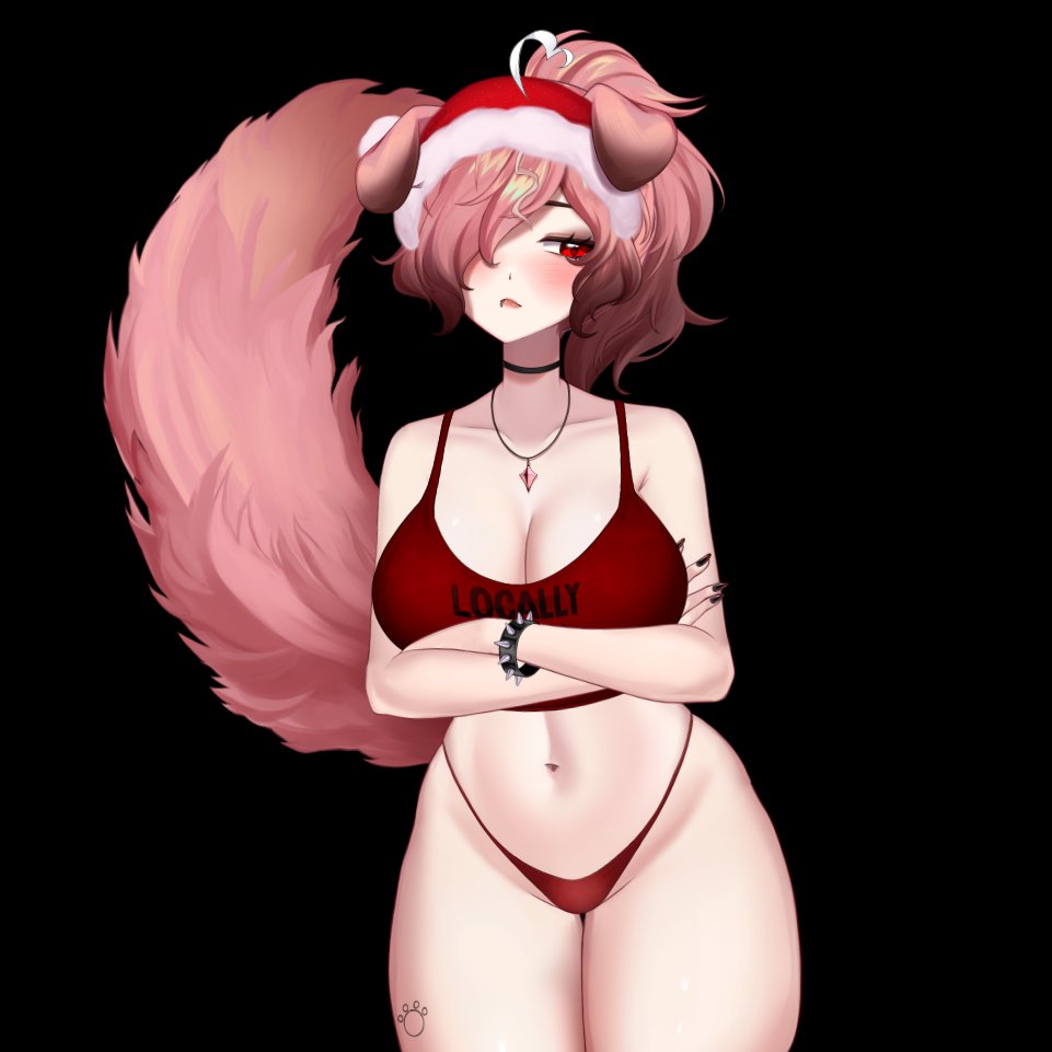 1female, 1girl, 1girls, 1woman, animal ears, anniepants02, arms crossed, big breasts, birthing hips, blush, boobs, bra, breasts, child bearing hips, christmas hat, cleavage, hair over one eye, hips, indie virtual youtuber, necklace, painted nails, pink hair, red eye, red eyes, tail, thick thighs, thighs, virtual youtuber, wide hips