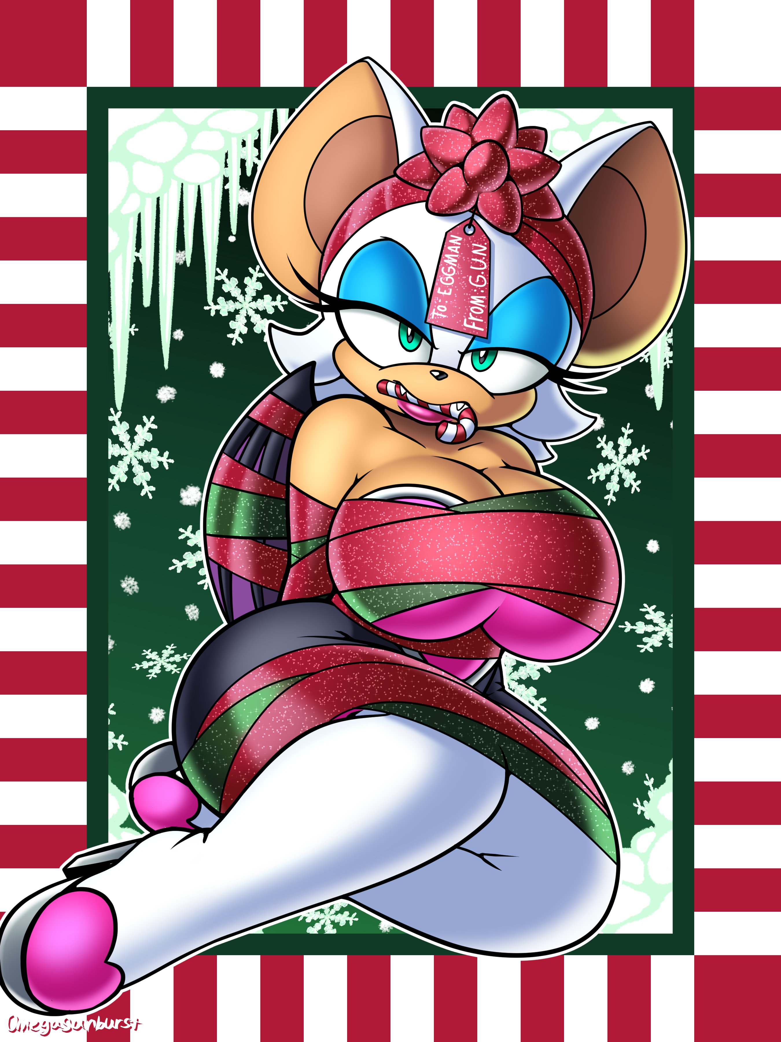 1girls, 2025, anthro, anthro only, bat, bat ears, bat girl, bat wings, big ass, big breasts, blue eyeshadow, bondage, candy cane, christmas, christmas 2025, eyeshadow, female, female only, furry, furry only, lipstick, omegasunburst, pink lipstick, restrained, rouge the bat, solo, solo female, sonic (series), sonic the hedgehog (series), thick thighs, tied up, wide hips, wrapped, wrapped up
