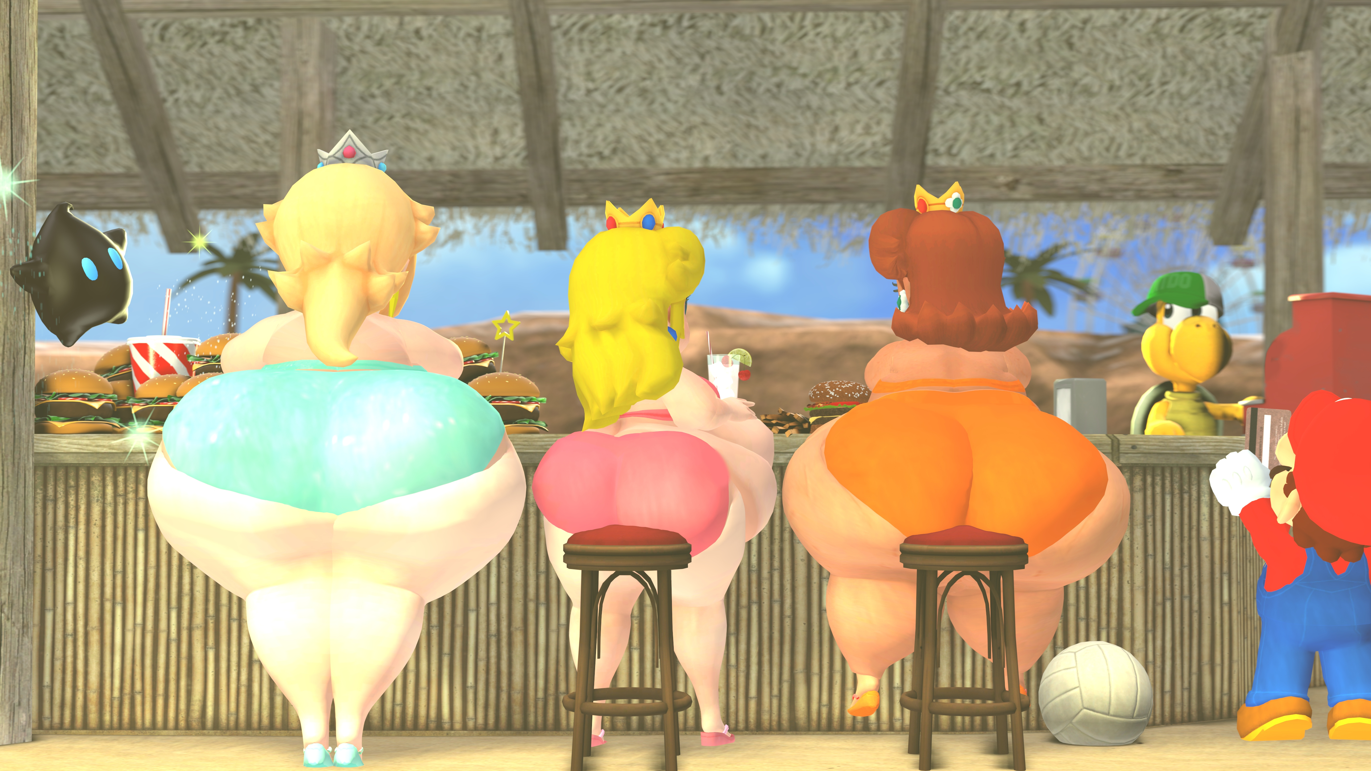 3d, 3d (artwork), 3girls, allstarman, female, huge ass, huge butt, hyper, koopa, koopa troopa, luma, mario, mario (series), nintendo, overweight, overweight female, princess daisy, princess peach, princess rosalina, sfm, source filmmaker, tagme