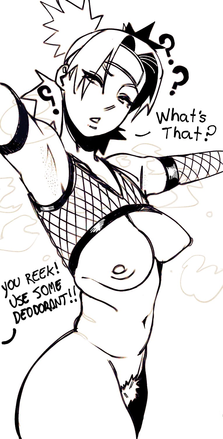 1girls, armpit stubble, armpits, big breasts, breasts, female, female only, medium breasts, naruto, naruto (series), perky breasts, pubic hair, rheesu, shaved armpit, smell, smell description, smelly armpits, solo, temari, text