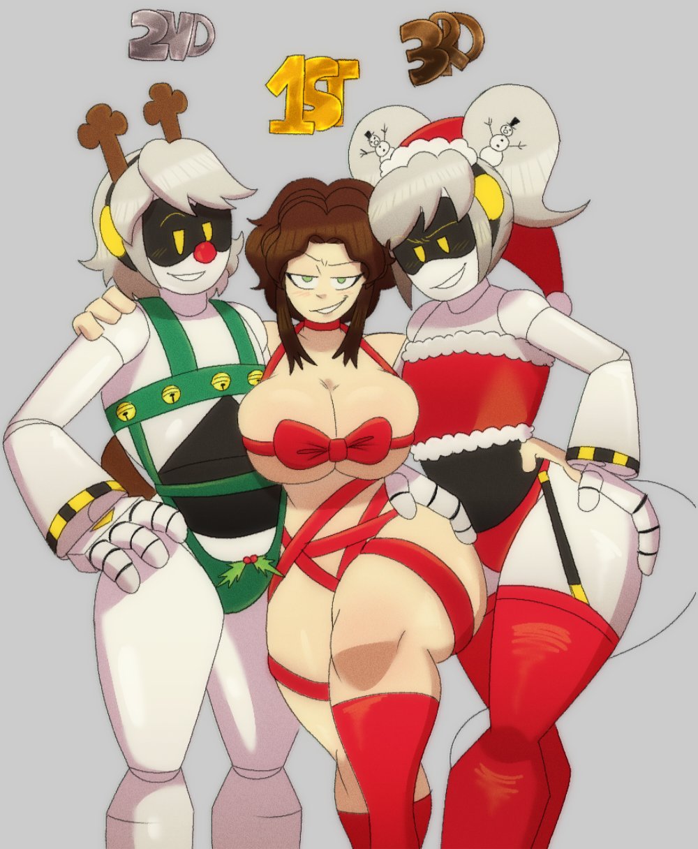 2girls1boy, abrahamslapper, christmas headwear, christmas outfit, disassembly drone, gift wrapping, glitch productions, human, j (murder drones), light-skinned female, murder drones, n (murder drones), reindeer antlers, robot, robot boy, robot girl, robot humanoid, tessa elliot, white body