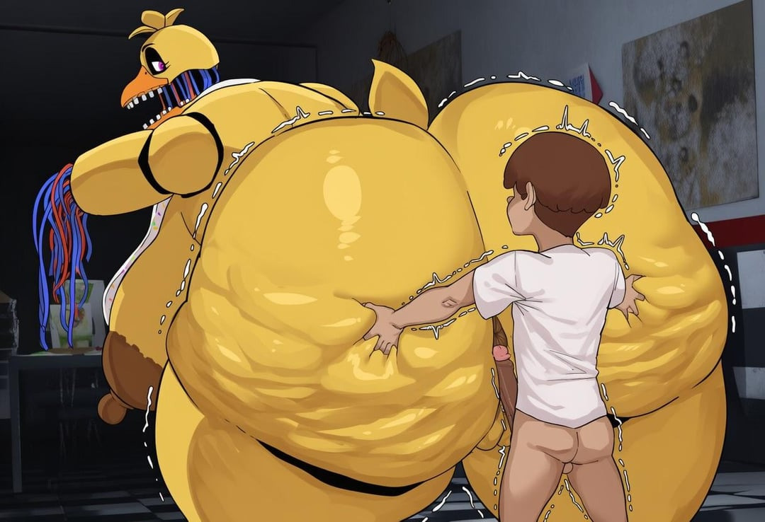 ai generated, big ass, bigger female, chica (fnaf), five nights at freddy's, size difference, smaller male, tagme, withered chica