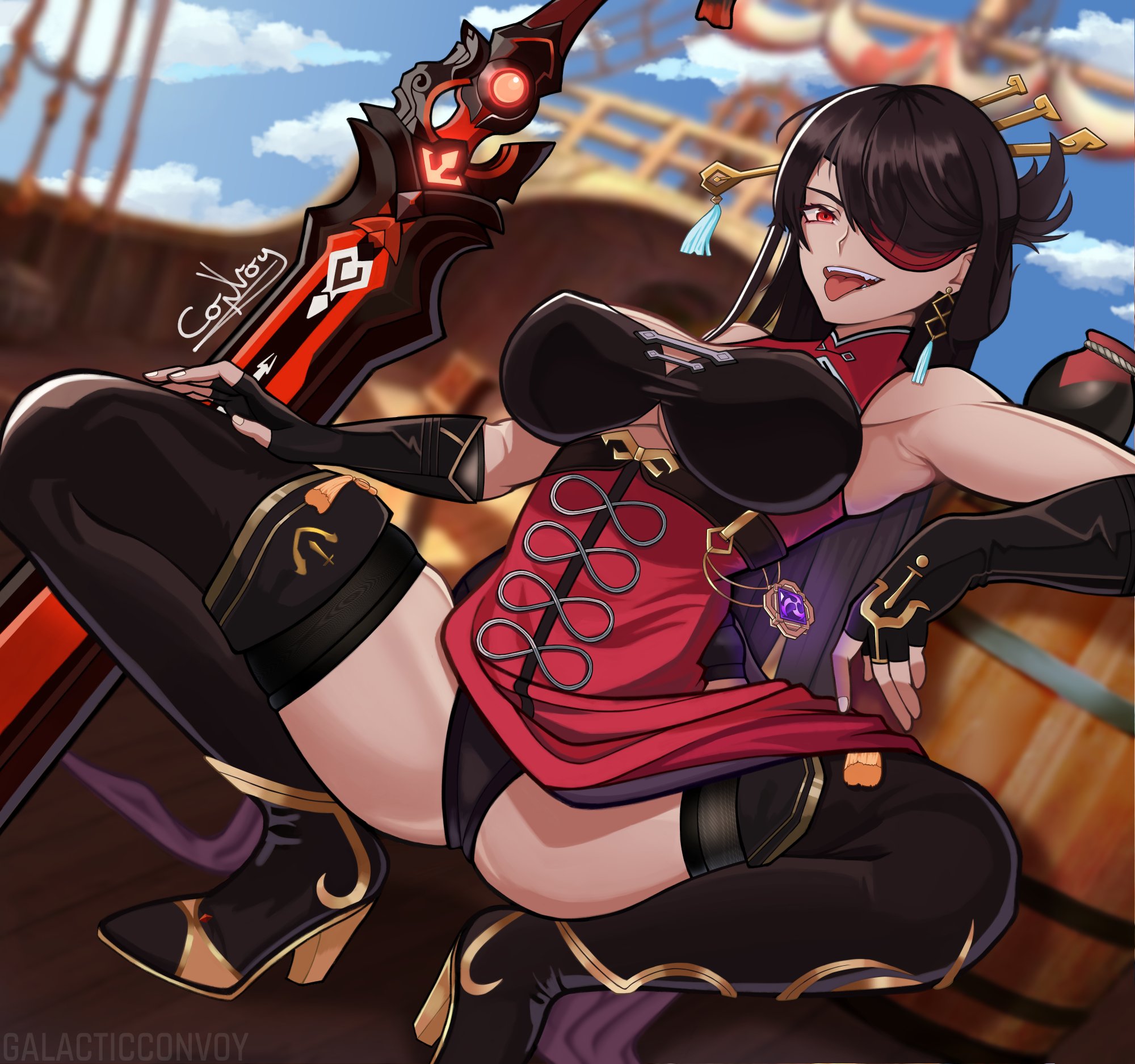 beidou (genshin impact), brown hair, convoy (galactic convoy), eyepatch, genshin impact, large breasts, looking at viewer, panties, red eyes, spread legs, sword, thick thighs, tounge out