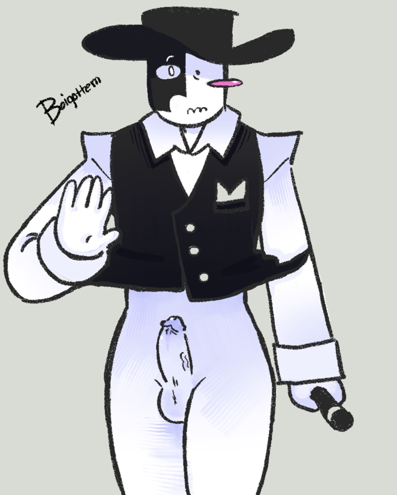 1boy, artful (die of death), artist name, balls, blushing at viewer, boigottem, bottomless, die of death (roblox), erection, hard cock, hat, holding object, mask, nervous expression, penis, penis out, roblox, roblox game, robloxian, self upload, shy, suit, tagme, thighs, waving at viewer
