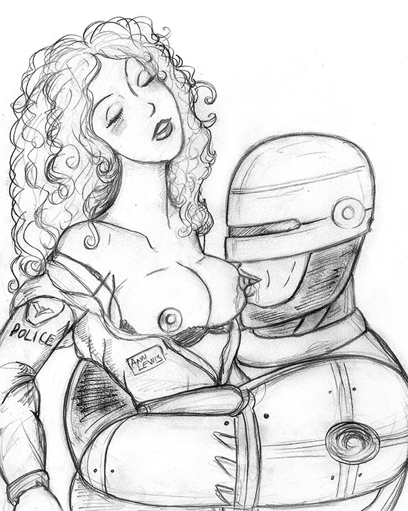 alex_murphy anne_lewis black_and_white bra breasts breasts_out curly_hair cyborg long_hair name_tag nipples plain_background police_officer police_uniform robocop robocop_(character) robocop_(franchise) sketch sucking_nipples white_background