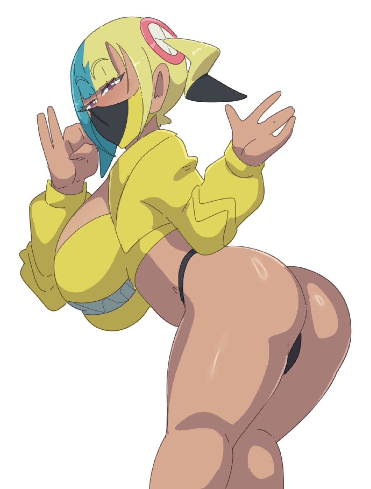 1girls, ass, bandeau, black panties, canari (pokemon), canary (pokemon), cropped jacket, fellatio gesture, female, game freak, jacket, leedraw11, looking at viewer, mask, multicolored hair, multicolored mask, nintendo, no pants, panties, pokemon, pokemon legends: z-a, purple eyes, shiny skin, short hair, simple background, solo, solo female, solo focus, thick thighs, thighs, twintails, two-tone mask, underwear, white background, yellow bandeau, yellow jacket, zipper