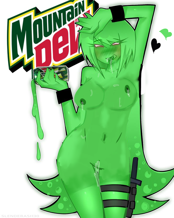breasts, drink, green, green female, green skin, hearts around head, mountain dew, naked female, nsfw version, scene hair, soda can, tagme, wet pussy