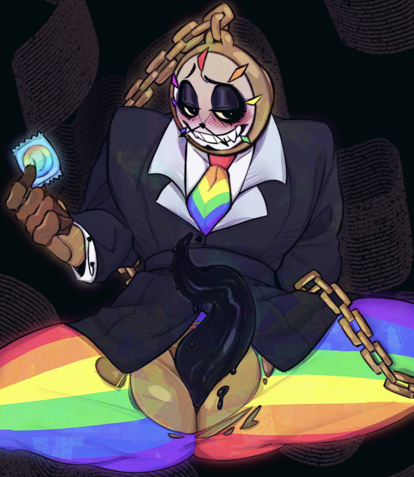 1boy, averrbaverr, big ass, big hands, big man, blush, blushing at viewer, chains, clock, condom, dandy's world, dyle (dandy's world), holding condom, inanimate object, lip biting, man tits, mustache, penis, presenting penis, rainbow, ripped clothing, ripped pants, roblox, roblox game, simple background, tentacle penis, unusual genitalia