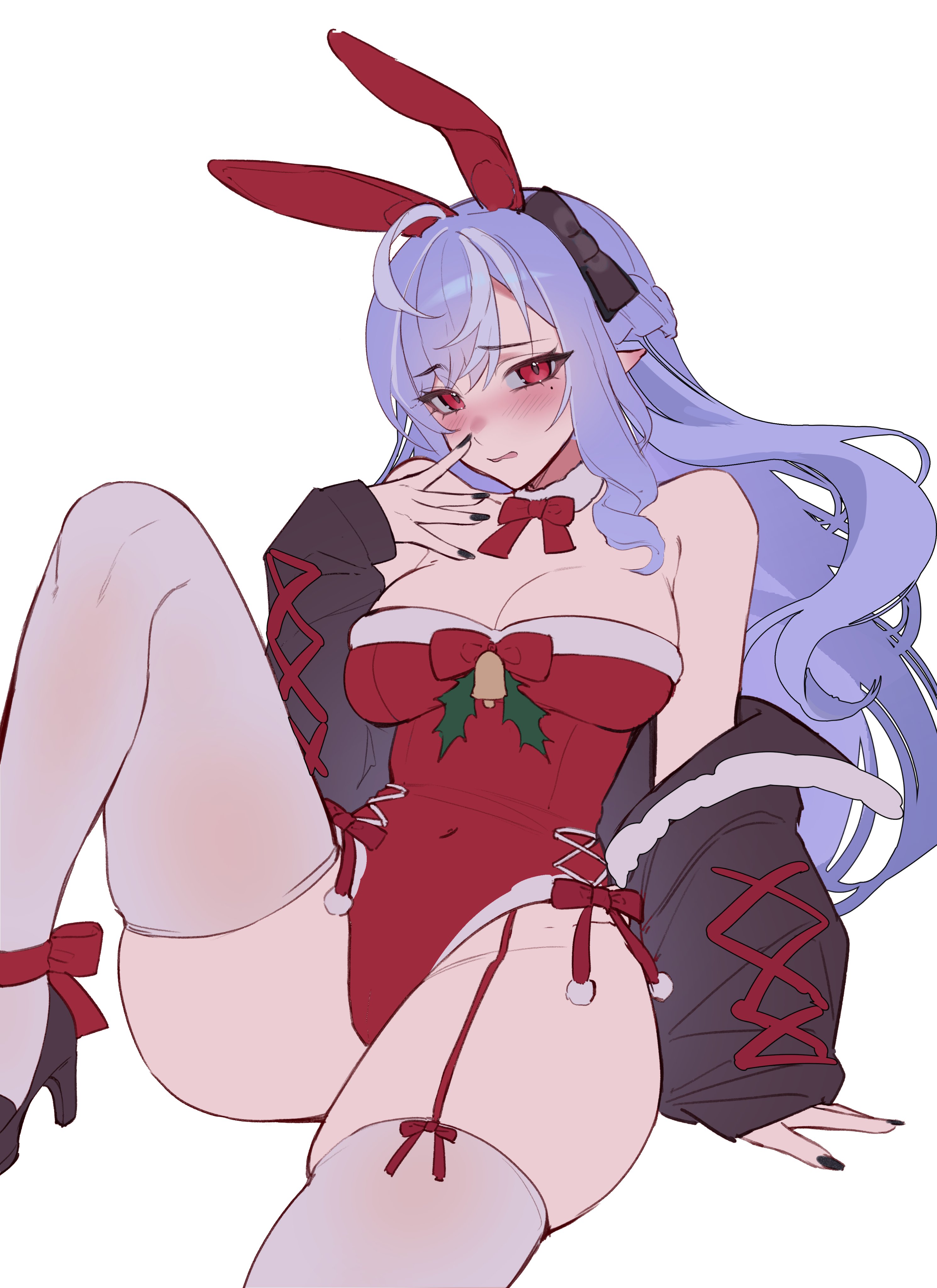 1girls, bunny ears, bunny suit, elf ears, hoyoverse, long hair, mihoyo, purple hair, red bunnysuit, red eyes, thighhighs, vivian (zenless zone zero), vivian banshee, white thighhighs, zenless zone zero