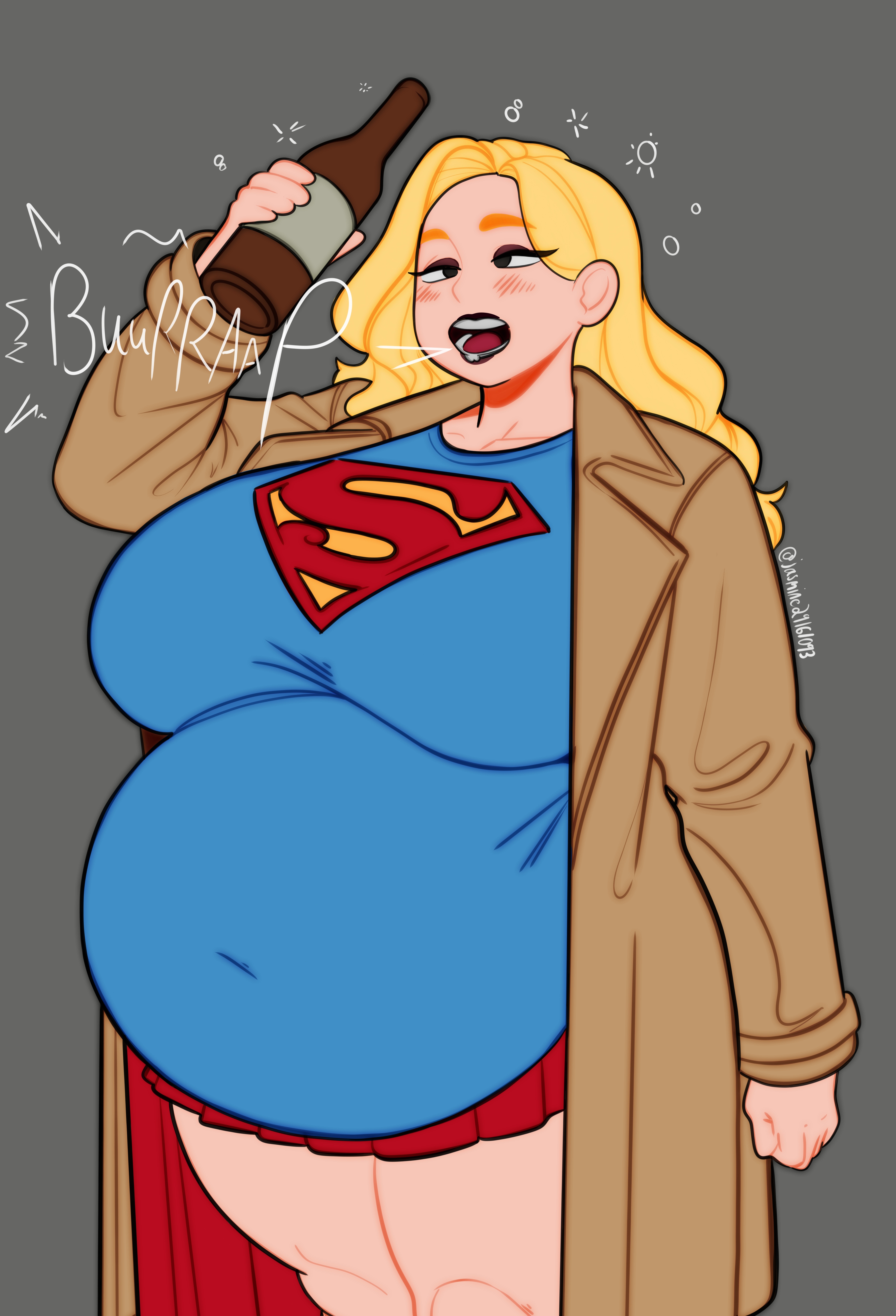 1girls, background, beer, beer belly, beer bottle, big belly, big boobs, big breasts, bloated, bloated belly, bloated stomach, burping, dc, dc comics, dcu, drunk, drunk bubble, female, girl, gut, huge belly, huge breasts, hyper pregnancy, inflation, jasmine29161093, jazzanna, kara zor-el, large breasts, pregnant, pregnant female, supergirl, supergirl (dcu), superman (series)