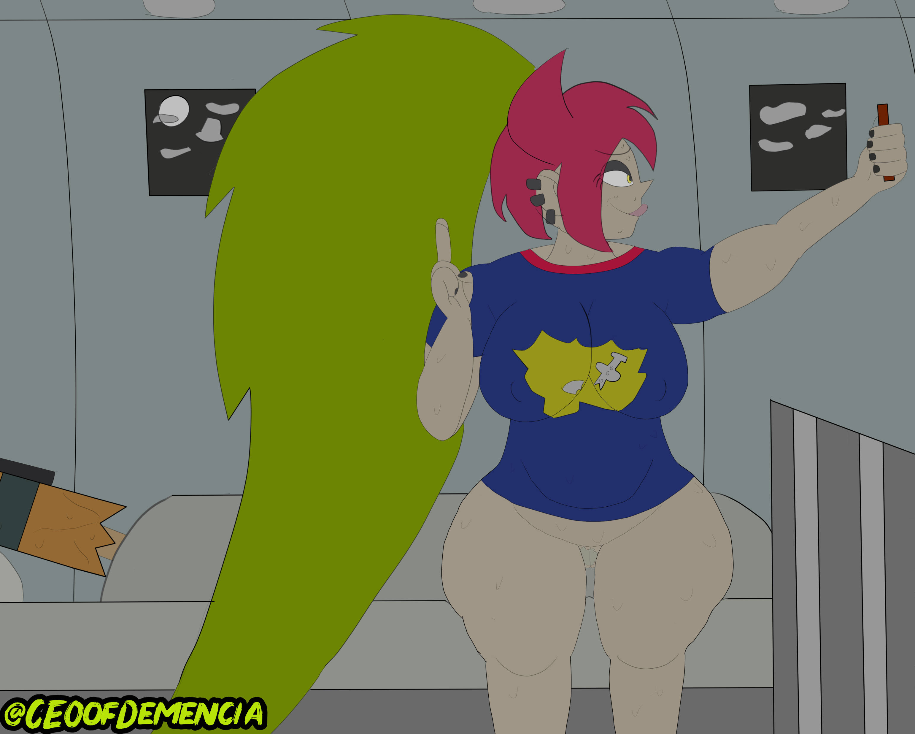 1boy, 1girls, after sex, big ass, big breasts, big butt, cartoon network, ceoofdemencia, demencia (villainous), dr. flug (villainous), functionally nude, functionally nude female, heterochromia, piercing, seducing, seductive look, shirt, sucked dry, thick, villainous, yellow eyes
