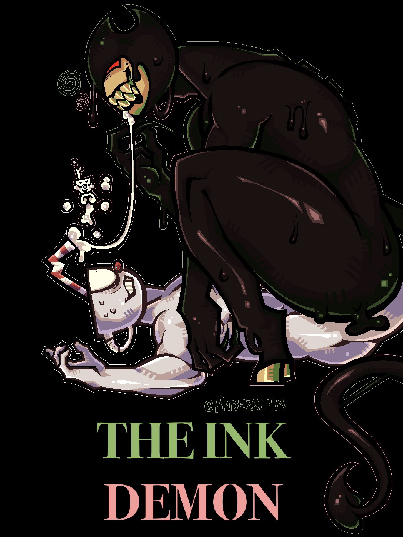 2boys, ambiguous penetration, bendy, bendy and the dark revival, bendy and the ink machine, bubble, bubbles, clawed fingers, claws, cuphead, cuphead (game), demon, demon boy, demon horns, demon humanoid, demon tail, dripping, drool, drooling, gay, gay domination, hooves, ink demon, m z m, nude, nude male, on top, on top of another, sharp teeth, sitting on lap, sitting on person, spines, tail, thick thighs, thighs