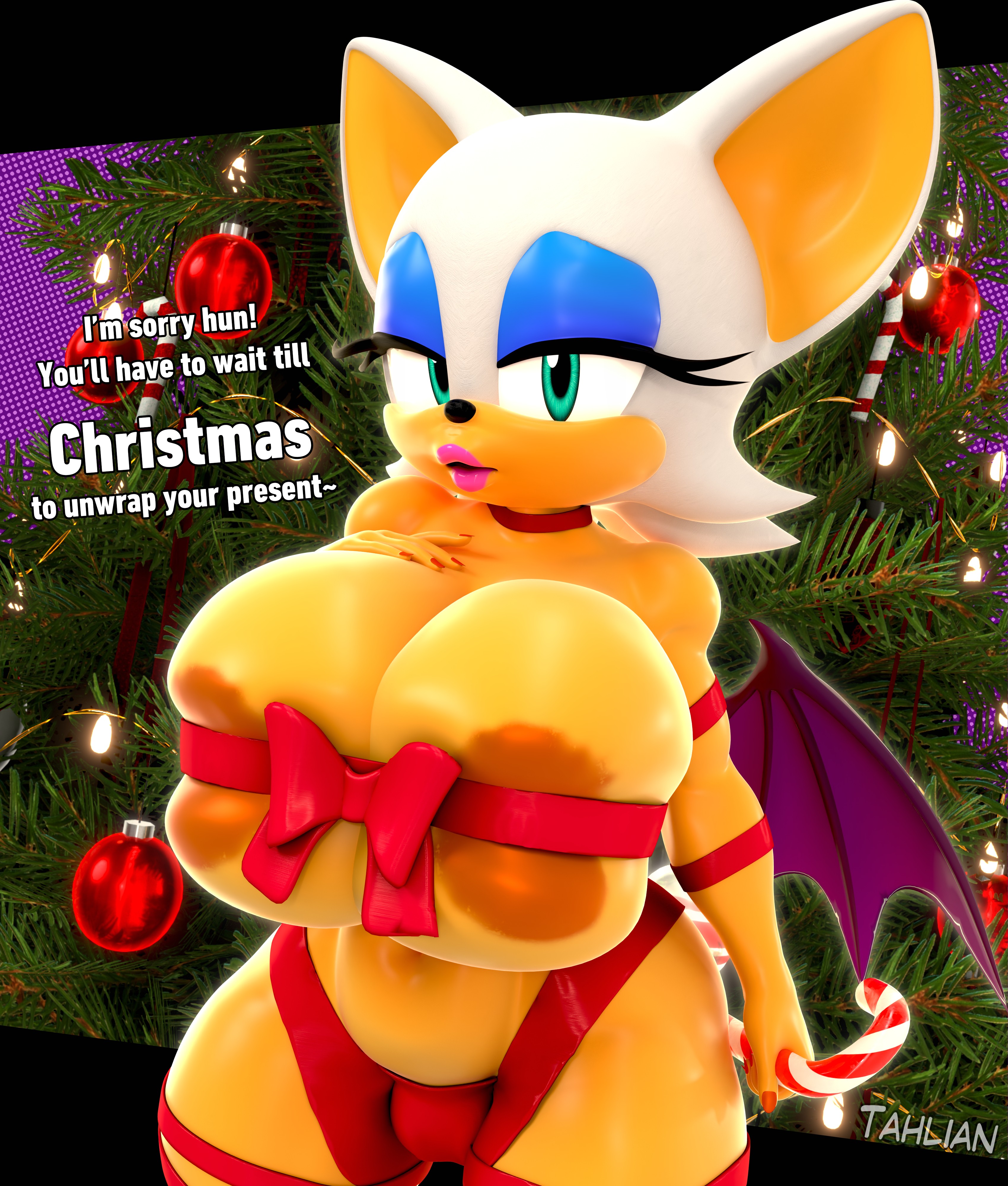 1girls, 3d, 3d (artwork), anthro, areola slip, areolae, bat, bat ears, bat wings, big breasts, big lips, bimbo, blue eyeshadow, breasts, candy cane, christmas, christmas outfit, christmas tree, english, english text, eyeshadow, female, female only, functionally nude, functionally nude female, green eyes, half-closed eyes, holding object, huge breasts, large breasts, lips, lipstick, pink lips, pink lipstick, ribbon, ribbon bondage, rouge the bat, sega, solo, solo female, sonic (series), sonic the hedgehog (series), tahlian, text, thick lips, thighs, wrapped, wrappings