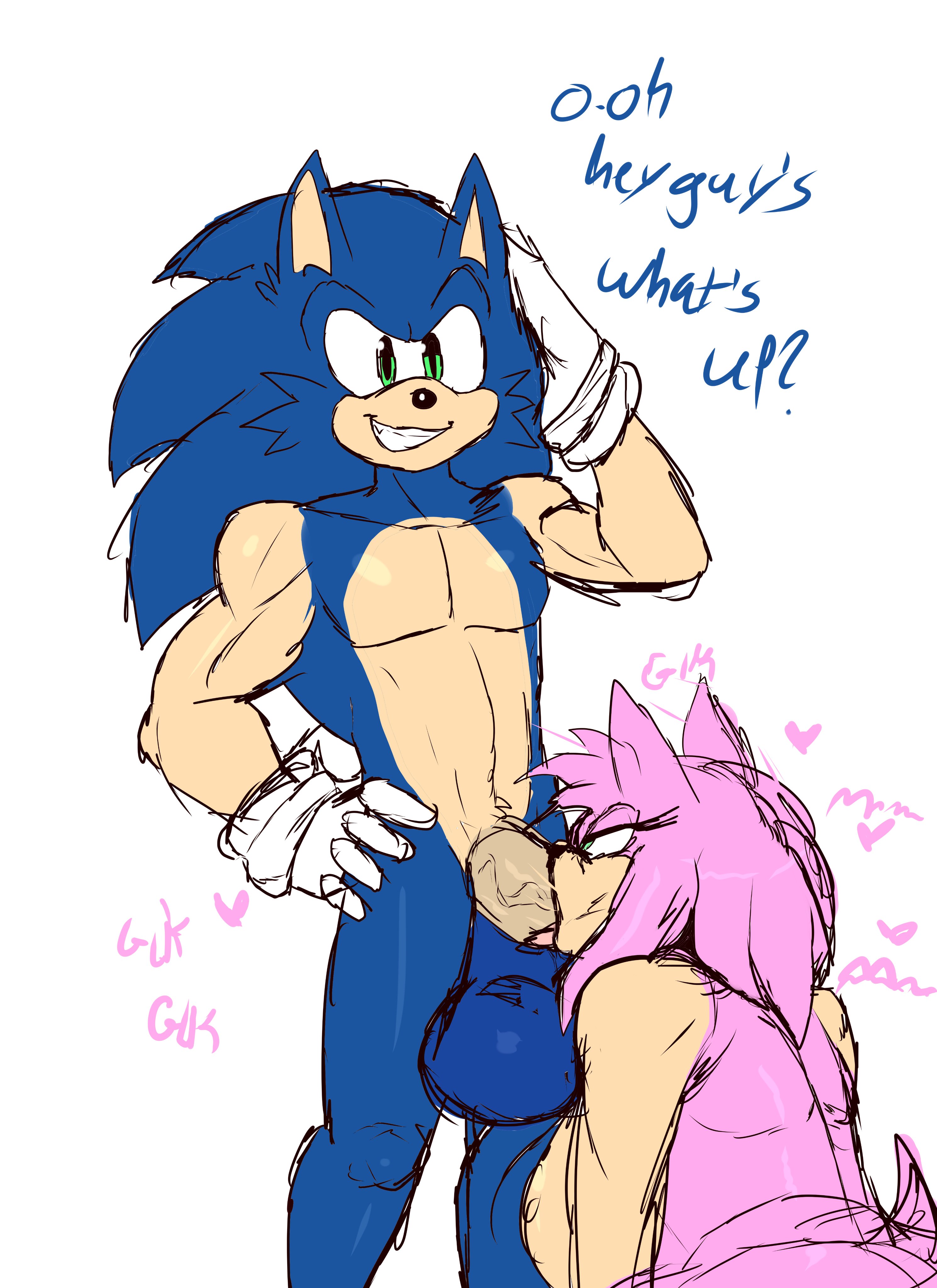 1boy, 1girls, amy rose, anthro, anthro on anthro, balls, big penis, blowjob, blue balls, blue body, blue fur, cock, dialogue, english text, eulipotyphlan, fellatio, female, fur, green eyes, hedgehog, large balls, male, male/female, mammal, oral, oral sex, penis, sega, sex, sonic (series), sonic the hedgehog, sonic the hedgehog (series), standing, susknuckles, text, tongue