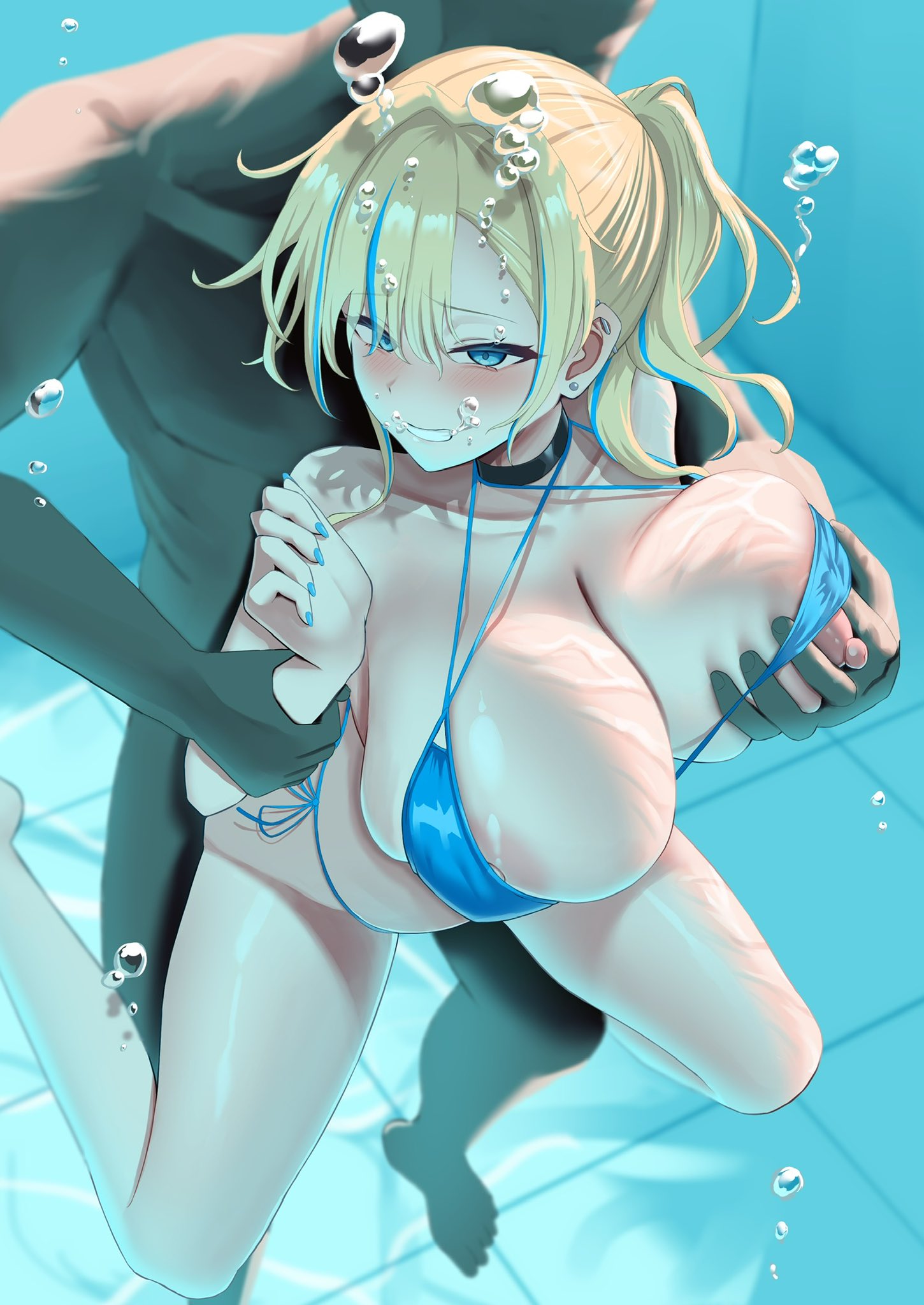1boy1girl, 1girl1boy, air bubbles, big breasts, bikini, bikini top, bikini top only, blonde hair, blue bikini, blue eyes, blush, breasts, bubble, grabbing another's breast, grabbing from behind, gyokuro (azfater), huge breasts, mion mizuki, nipples, original character, pool, sex, smile, underwater, underwater sex, water