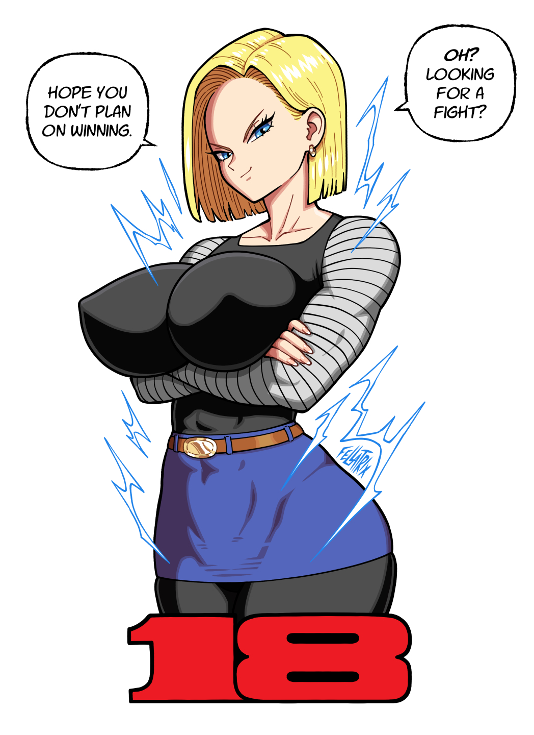 android 18, big breasts, blonde hair, dragon ball z, fellatrix, light-skinned female, short hair, tagme, text