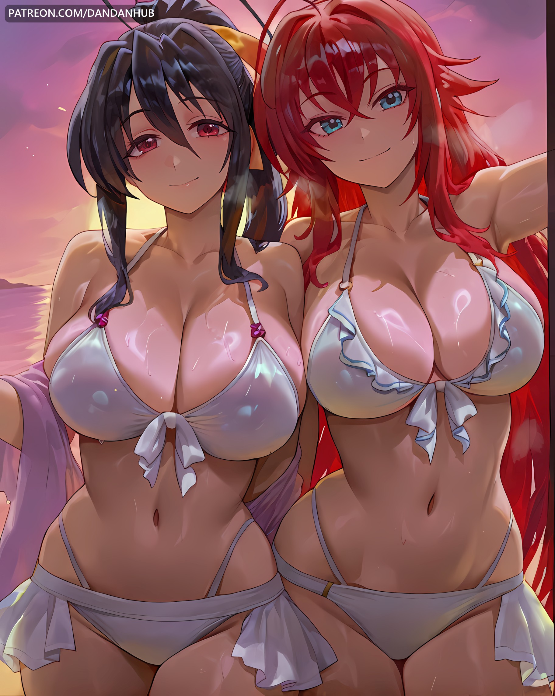 2girls, ahoge, ai generated, akeno himejima, bangs, bare shoulders, bikini, black hair, blue eyes, breasts, cleavage, closed mouth, collarbone, dandanhub, female, female only, frilled bikini, frills, front-tie bikini top, front-tie top, hair between eyes, hair ribbon, high school dxd, himejima akeno, large breasts, long hair, looking at viewer, multiple girls, navel, orange ribbon, patreon username, ponytail, red eyes, red hair, rias gremory, ribbon, smile, sunset, swimsuit, very long hair, wet, white bikini, yuri
