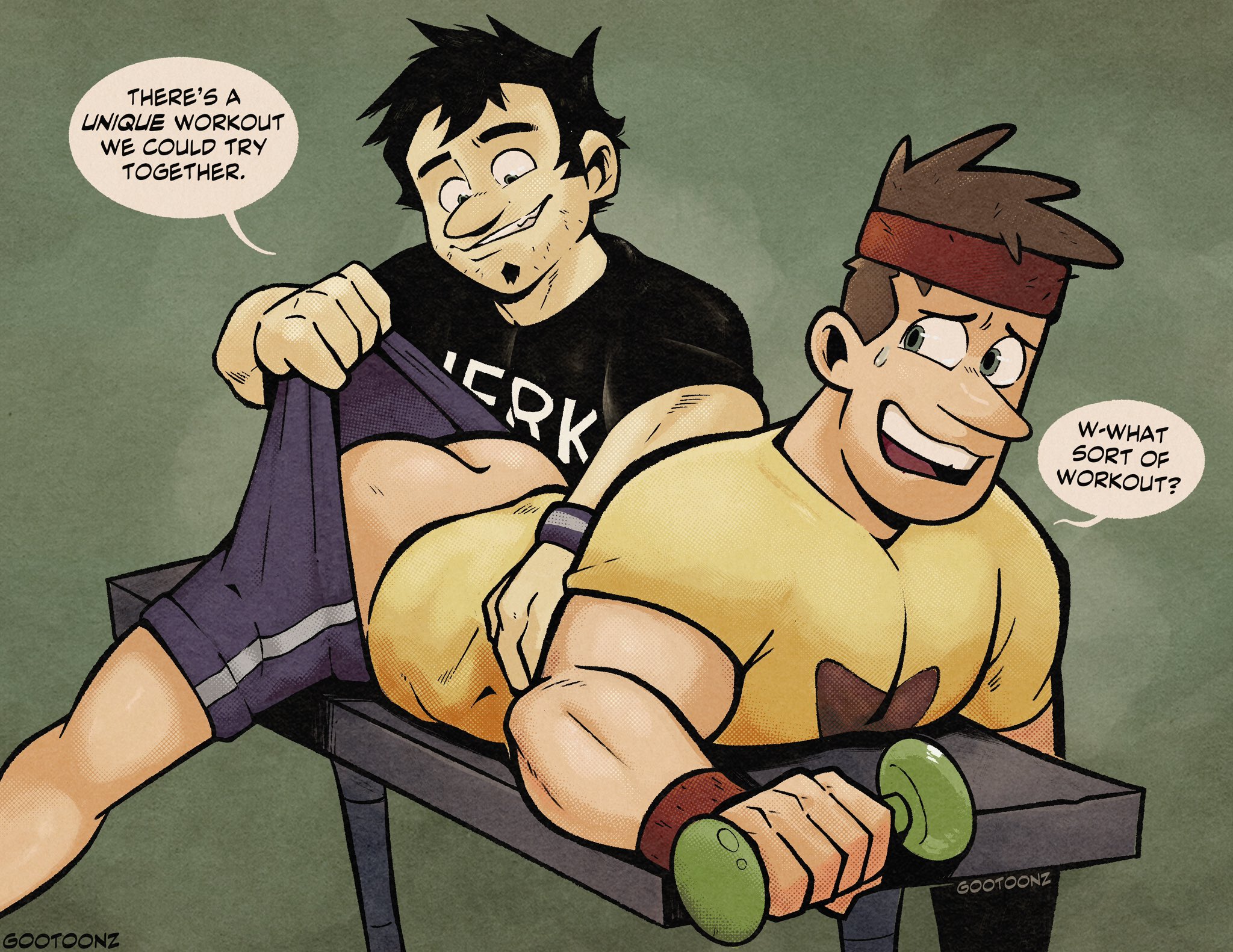 2boys, artist name, ass, black hair, chris pearson, dan (dan vs), dan vs., dialogue, dumbbell, english dialogue, english text, gay, gootoonz, male, male focus, male only, masculine, muscular, muscular male, shirt, speech bubble, text, yaoi