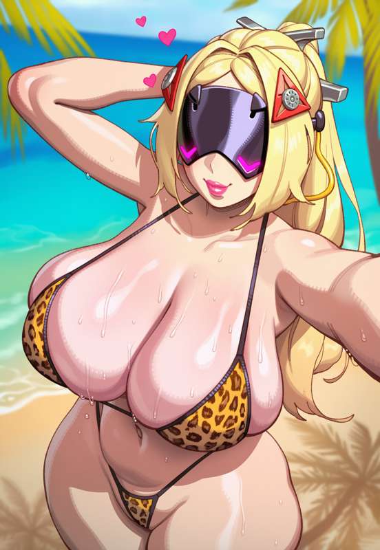 1girls, ai generated, arms behind head, arms up, beach, big breasts, blonde hair, breasts, female, hair, huge breasts, juuicyai, leopard print, leopard print bikini, light skin, light-skinned female, long hair, sand, solo, solo female, trigger (zenless zone zero), water, zenless zone zero