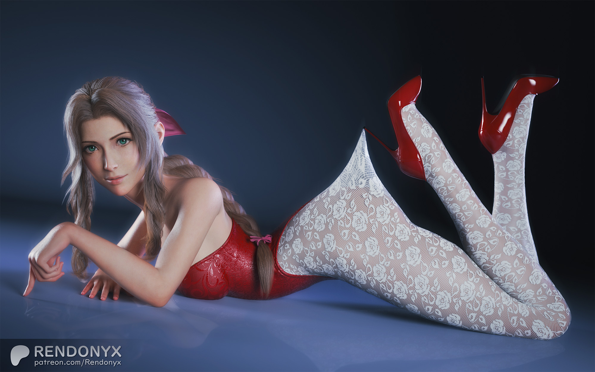 1girls, 3d, 3d (artwork), 3d model, 3d render, aerith gainsborough, big breasts, brown hair, bunnysuit, final fantasy, final fantasy vii, final fantasy vii rebirth, final fantasy vii remake, fit female, green eyes, high heels, highres, hourglass figure, lace pantyhose hooked on heel (meme), leotard, looking at viewer, meme, posing for the viewer, red high heels, rendonyx, seductive, simple background
