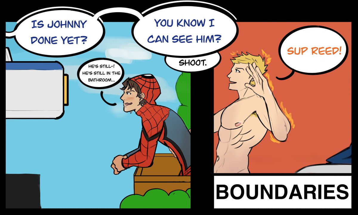 anal, blonde hair, fantastic four, gay, groundhog 217, human torch, human torch (marvel rivals), implied anal, implied penetration, johnny storm, male, male only, marvel, marvel rivals, peter parker, public, spider-man, spider-man (marvel rivals)