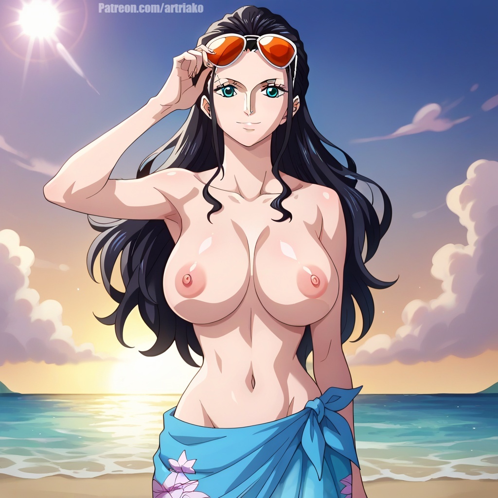 1girls, ai generated, beach, black hair, black-haired female, female, female only, nico robin, one piece, sarong, sarong only