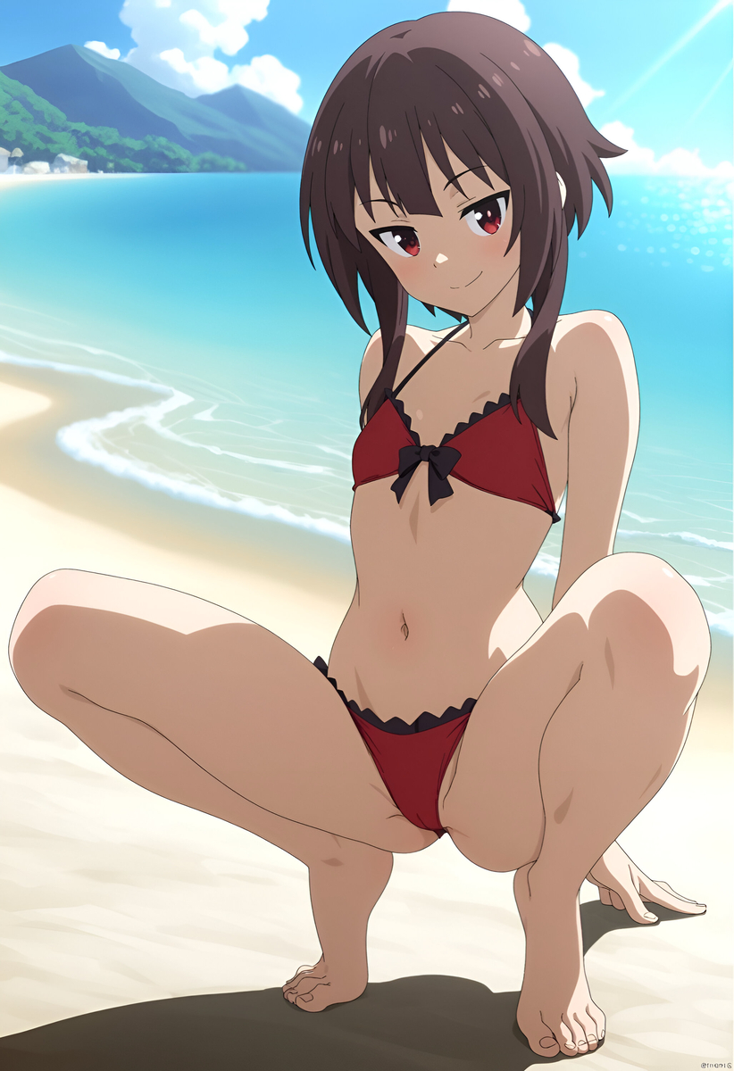 1girls, ai generated, bikini, brown hair, clothed, clothed female, duderu vanilla, female, female only, flat chest, kono subarashii sekai ni shukufuku wo!, megumin, red bikini, red eyes, solo, swimsuit