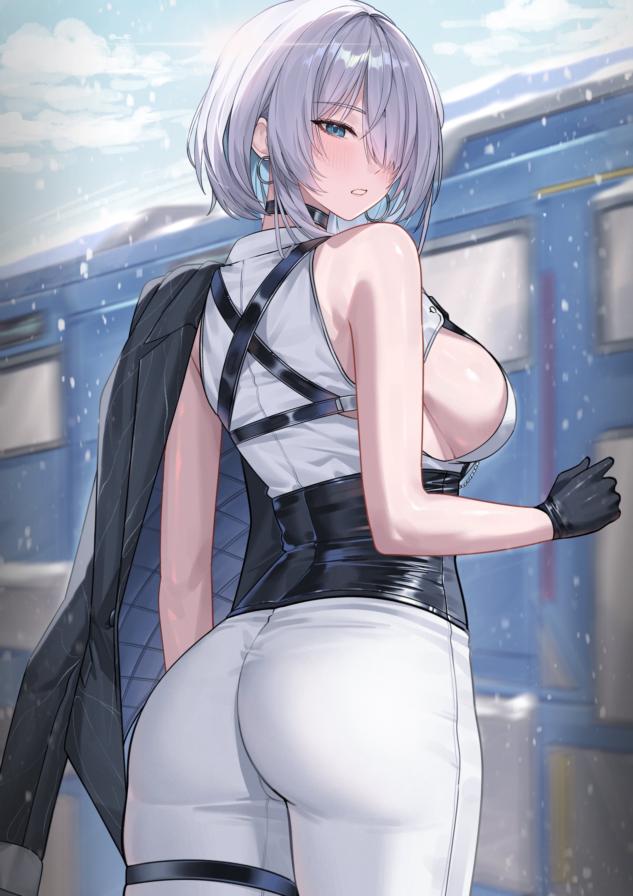 absurdres, ass, backboob, black choker, black corset, black gloves, blue eyes, blush, breasts, brid (nikke), brid (silent track) (nikke), chest harness, choker, cloud, collared shirt, colored inner hair, corset, earrings, female, from behind, gloves, goddess of victory: nikke, hair over one eye, harness, highres, hoop earrings, jacket, jacket on shoulders, jewelry, katrinabluuuuu, large breasts, looking back, multicolored hair, outdoors, pants, parted lips, shirt, sideboob, sideless shirt, single bare shoulder, snowing, solo, standing, tight clothes, tight pants, train, train station, white hair, white pants