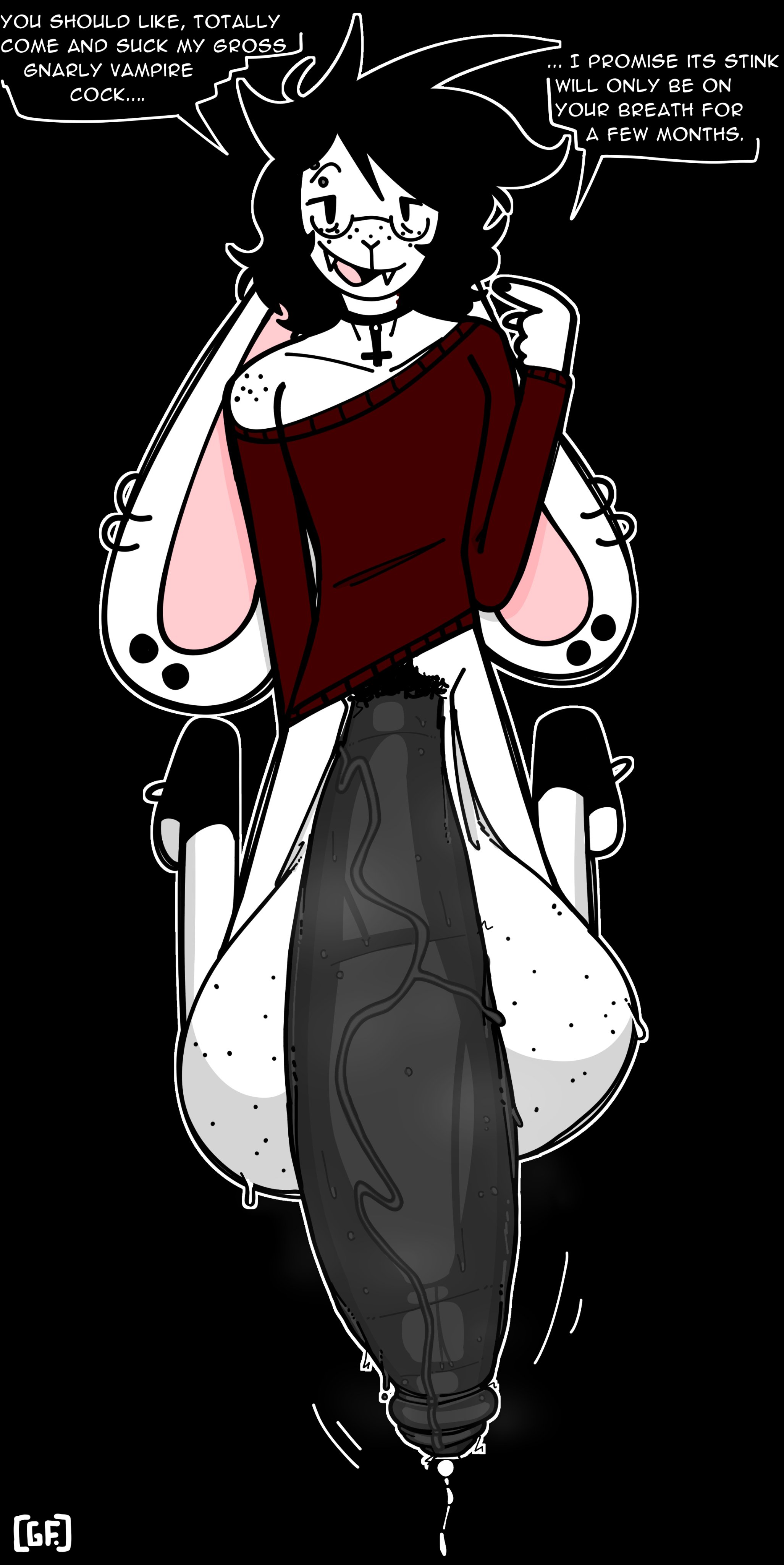 2025, 2d, alternate version at source, anthro, bedroom eyes, big balls, big penis, black hair, black nails, blank background, bunny, bunny boy, bunny ears, choker, dialogue, ear piercing, emo, emo boy, eyebrow piercing, fangs, fat balls, foreskin, freckles, fur, furry, ghostfuckrr, gigantic penis, glasses, hanging balls, heavy balls, huge balls, huge penis, hyper balls, hyper genitalia, hyper penis, inverted cross, inviting to sex, jesse (ghostfuckrr), lagomorph, leaking precum, looking at viewer, male, male only, massive balls, massive penis, musk, musk clouds, musky cock, nail polish, open smile, original, original character, penis, piercing, precum, pubes, pubic hair, rabbit, rabbit boy, shoulder cutout, smile, solo, solo male, talking to viewer, text, twink, uncircumcised, uncut, vampire, vampire boy, veiny penis