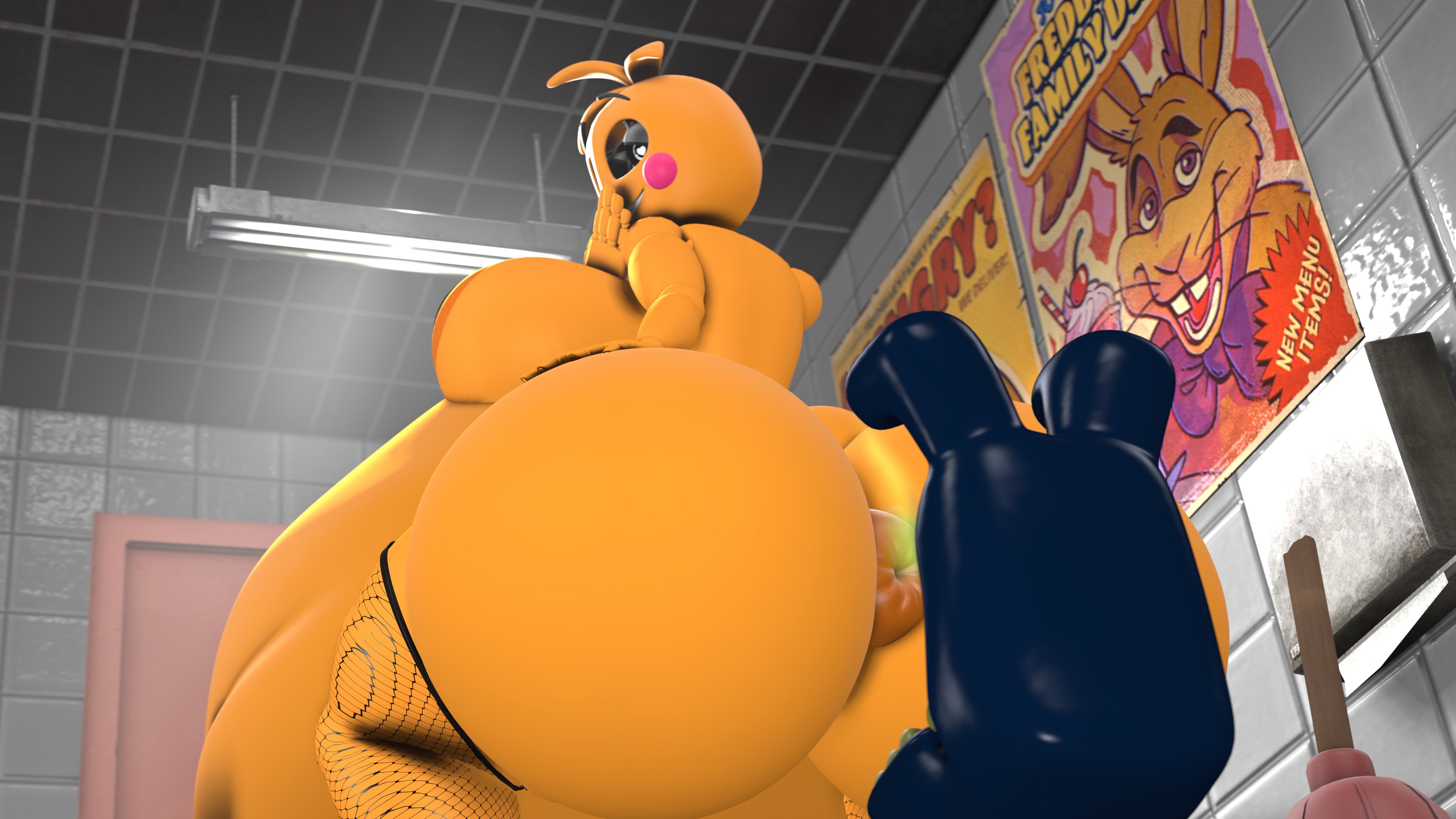 1boy, 1girls, 3d, 3d (artwork), allstarman, animatronic, anthro, ass in face, avian, bird, bloated belly, chicken, fart, fart fetish, farting, five nights at freddy's, five nights at freddy's 2, huge ass, huge belly, huge butt, huge thighs, hyper, hyper belly, imminent fart, non-human, source filmmaker, toy chica (fnaf), toy chica (love taste), withered bonnie