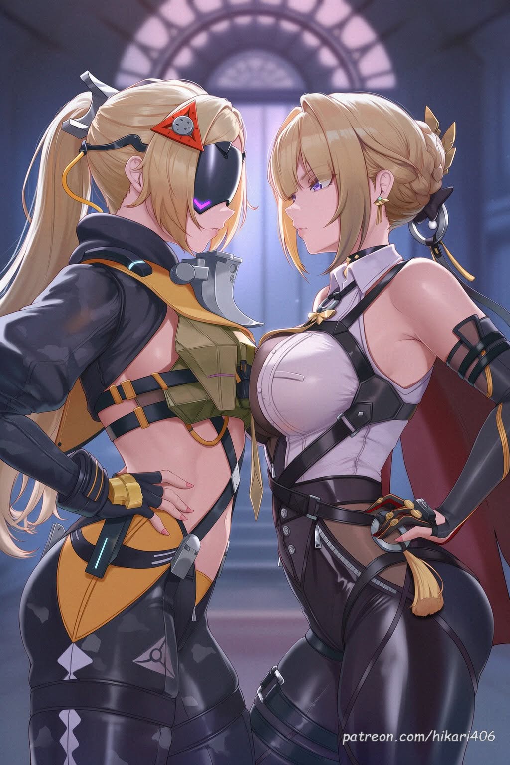 2girls, ai generated, blonde hair, breast press, evelyn chevalier, hikari406, huge ass, huge breasts, large breasts, long hair, looking at another, mask, ponytail, trigger (zenless zone zero), zenless zone zero