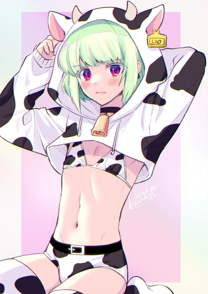 1boy, 2d, 2d (artwork), androgynous, animal costume, bikini, bikini top, blush, bob cut, bulge, bulge through clothing, collar, costume, cow ears, cow horns, cow print, cow print bikini, cowbell, crossdressing, embarrassed, femboy, femboy only, lio fotia, male, minishorts, petite, petite body, petite male, promare, short hair, shorts, slim, slim male, slim waist, solo, stockings, thighhighs, twink