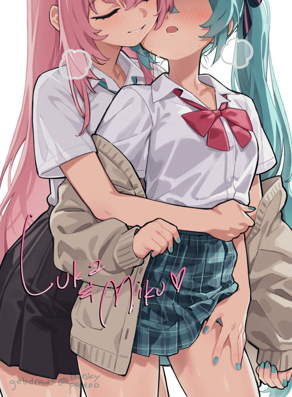 2girls, aqua hair, aqua nails, aqua necktie, aqua skirt, black skirt, blush, bow, bowtie, brown cardigan, cardigan, character name, closed eyes, collarbone, cowboy shot, double-parted bangs, dress shirt, female, fingernails, ge-b, hand on another's thigh, hand under clothes, hatsune miku, highres, hug, hug from behind, long hair, long sleeves, megurine luka, multiple girls, nail polish, necktie, open cardigan, open clothes, open mouth, parted lips, pink hair, plaid, plaid clothes, plaid skirt, pleated skirt, red bow, red bowtie, school uniform, shirt, short sleeves, simple background, skirt, smile, sweat, twintails, twitter username, very long hair, vocaloid, white background, white shirt, white skirt, yuri