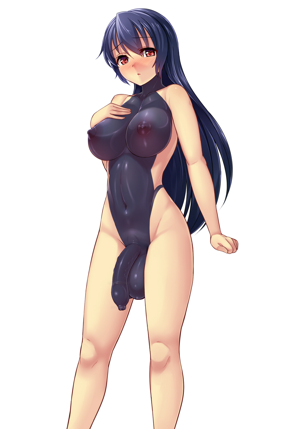 1futa blue_hair bodysuit breasts dickgirl flaccid futa_only futanari hair hand_on_own_chest highres intersex large_breasts long_hair navel nipples original penis red_eyes simple_background smile solo testicles uncensored very_long_hair vuccha white_background