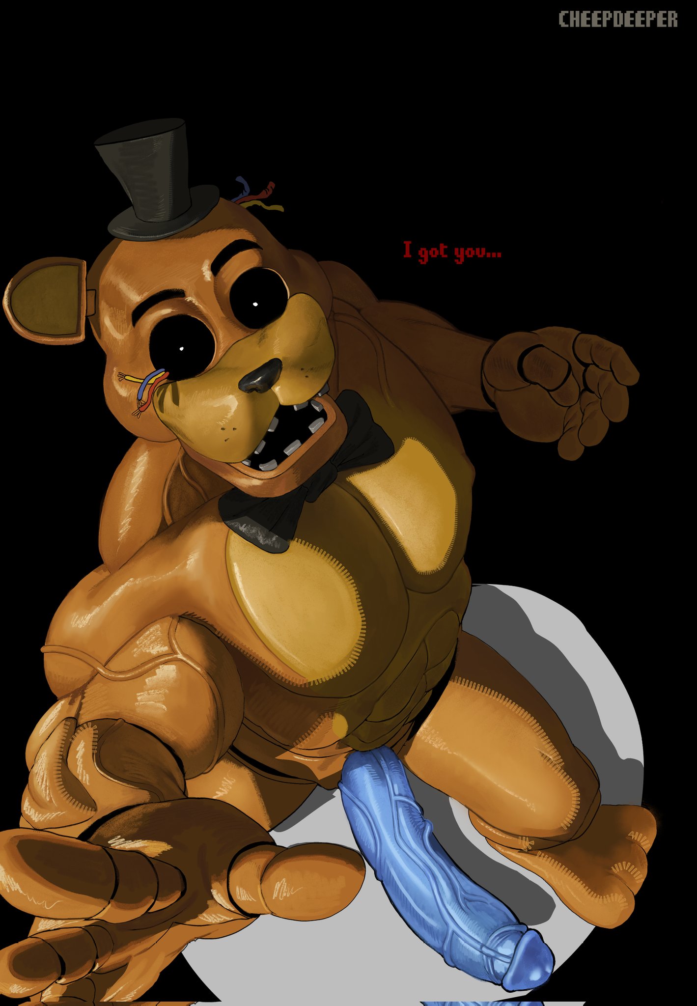 1boy, 1furry, 1furry robot, abs, animatronic, anthropomorphic, blue dick, blue penis, bowtie, cheepdeeper, dialogue, dot pupils, erect, erect cock, erect dick, erect penis, erection, five nights at freddy's, five nights at freddy's 2, furry, furry robot, golden freddy (fnaf), half furry, half robot, hat, looking at viewer, male, male only, missing ear, muscles, naked, naked male, nude, nude male, six pack, solo, veiny, veiny arms, veiny cock, veiny dick, veiny neck, veiny penis, withered golden freddy (fnaf)