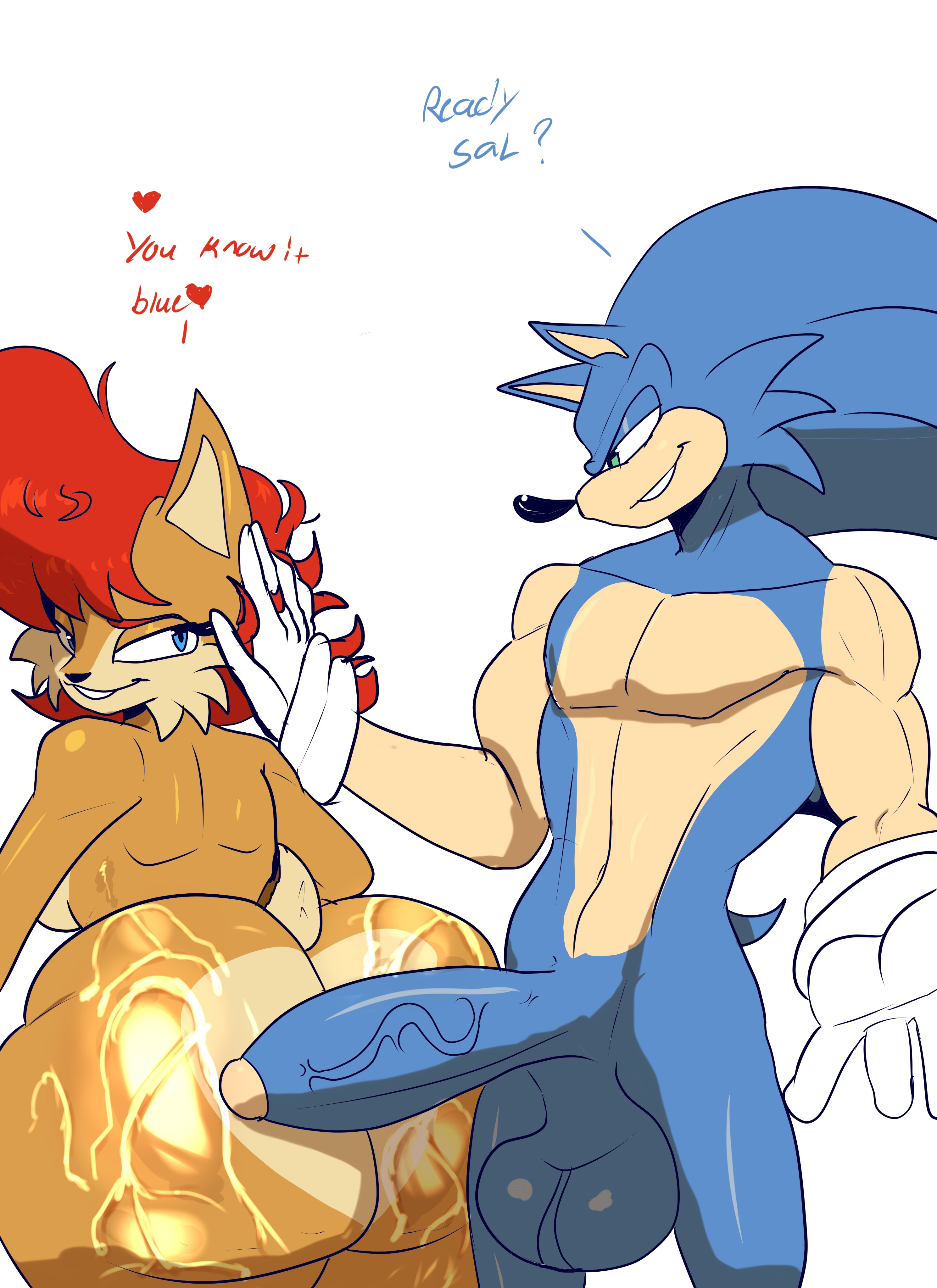 1boy, 1girls, anthro, anthro on anthro, anthro only, ass, ass bigger than head, balls, big ass, big butt, big cock, big penis, blue body, blue eyes, blue fur, booty, brown fur, bubble butt, cock, female, fur, green eyes, hair, hedgehog, huge ass, huge butt, imminent sex, large ass, large butt, looking at partner, looking back, male, male/female, penis, red hair, sally acorn, short hair, sonic (series), sonic the hedgehog, sonic the hedgehog (series), susknuckles