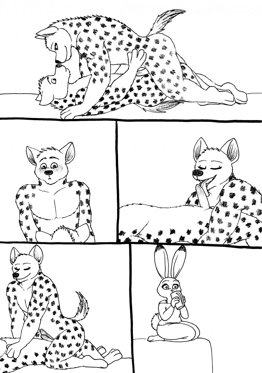 anthro bernielover black_and_white clothes clothing comic disney female gay hyena judy_hopps lagomorph male mammal monochrome oral_sex penis rabbit rebecca_(bernielover) sketch straight voyeur yaoi zootopia